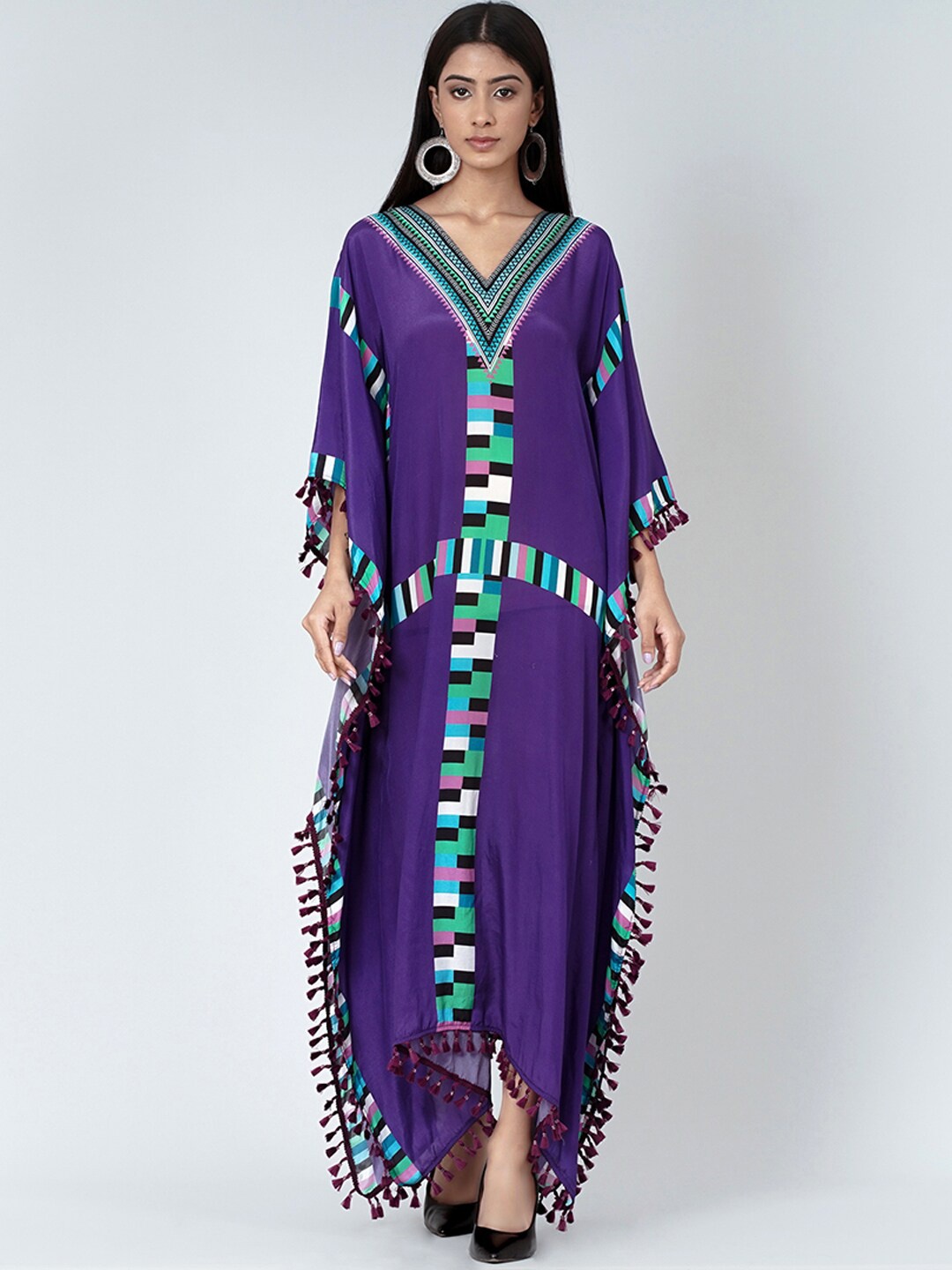 

First Resort by Ramola Bachchan Geometric Printed Crepe Maxi Dress With Pom-Pom, Purple