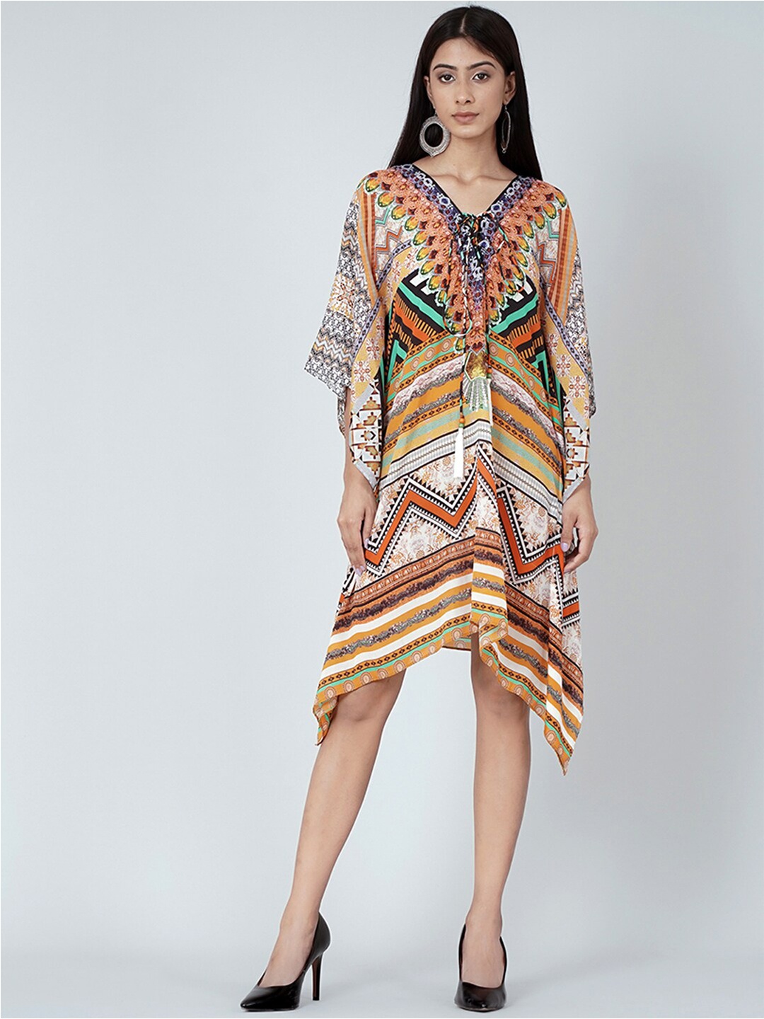 

First Resort by Ramola Bachchan Printed Kimono Sleeve Crepe Kaftan Midi Dress, Orange