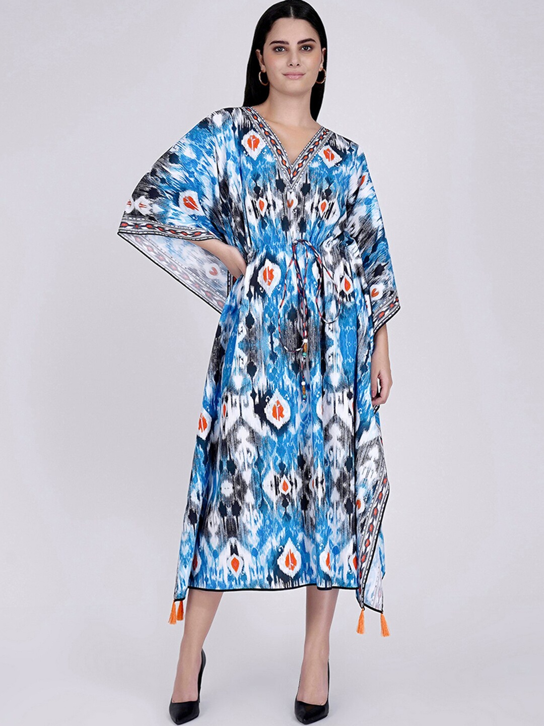 

First Resort by Ramola Bachchan Ikat Ethnic Motifs Printed Cotton Kaftan Midi Dress, Blue