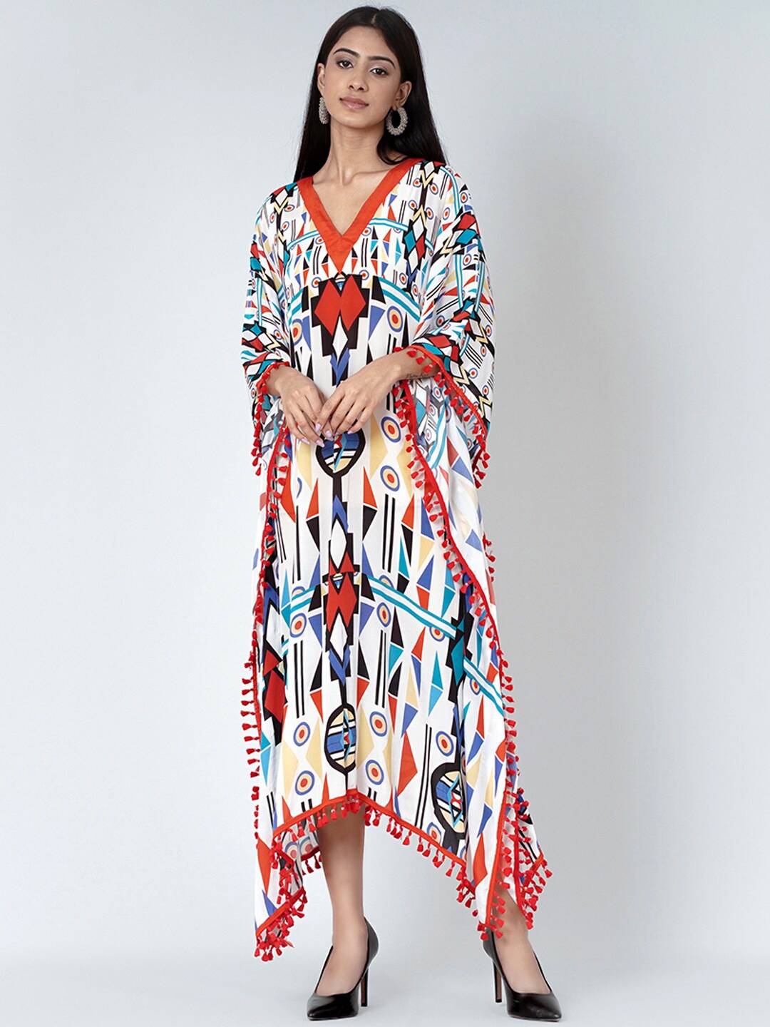 

First Resort by Ramola Bachchan Geometric Printed V-Neck Kaftan Maxi Dress, White