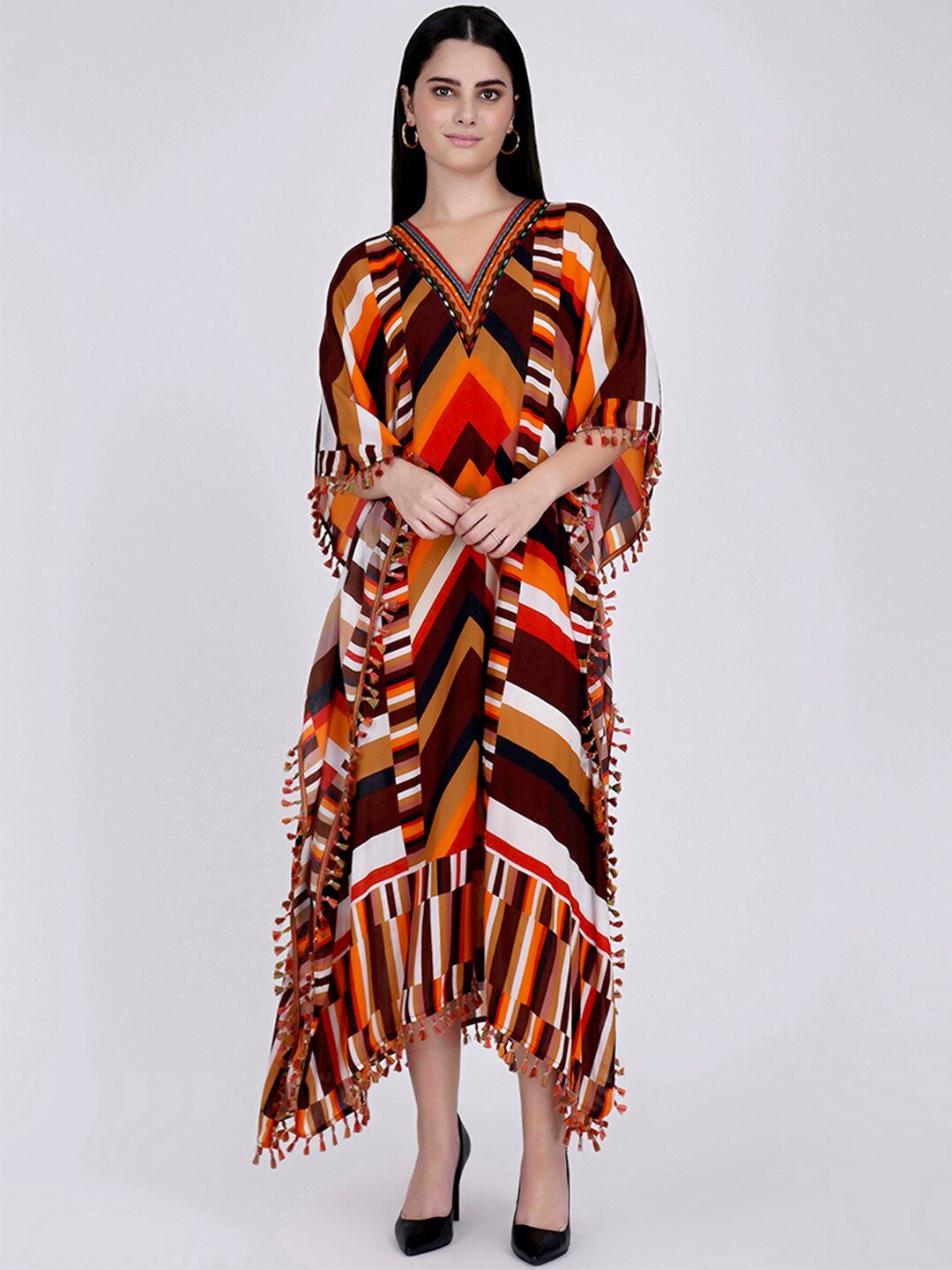 

First Resort by Ramola Bachchan V-Neck Striped Crepe Kaftan Dress, Brown
