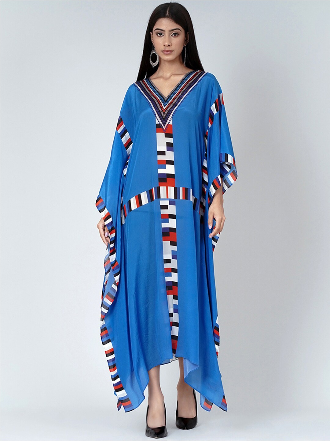

First Resort by Ramola Bachchan Printed Batwing Sleeve Crepe Kaftan Dress, Blue