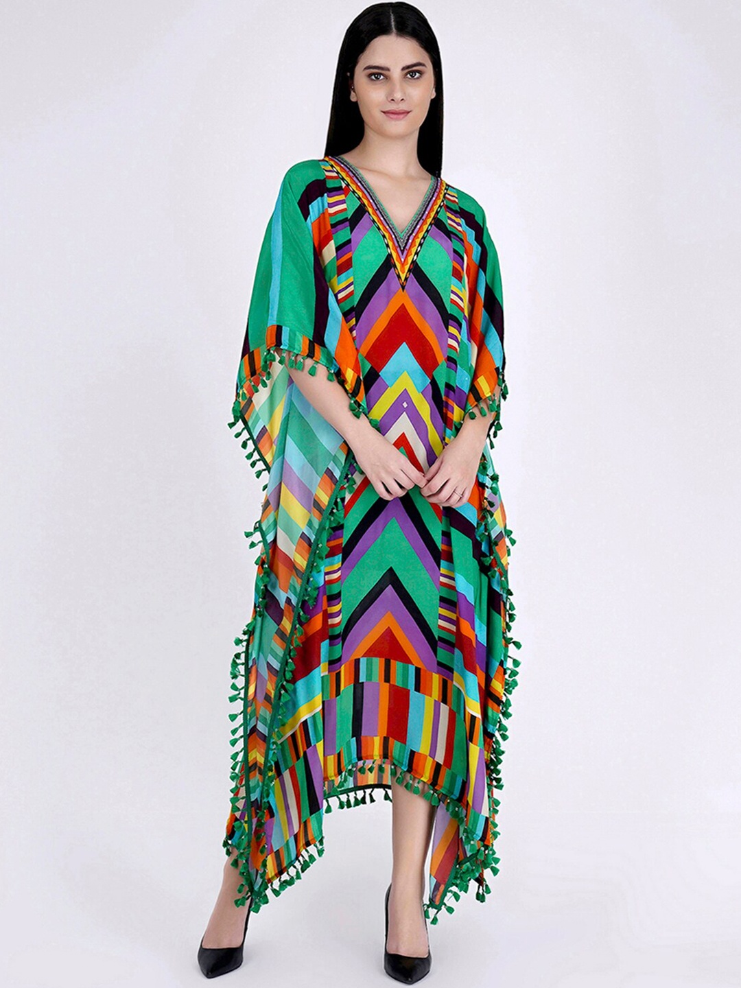

First Resort by Ramola Bachchan V-Neck Printed Crepe Kaftan Maxi Dress, Green