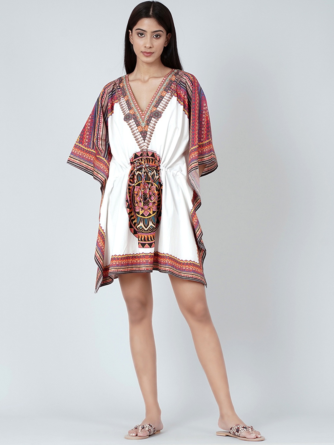 

First Resort by Ramola Bachchan Tribal Printed Mini Cotton Kaftan Dress, White