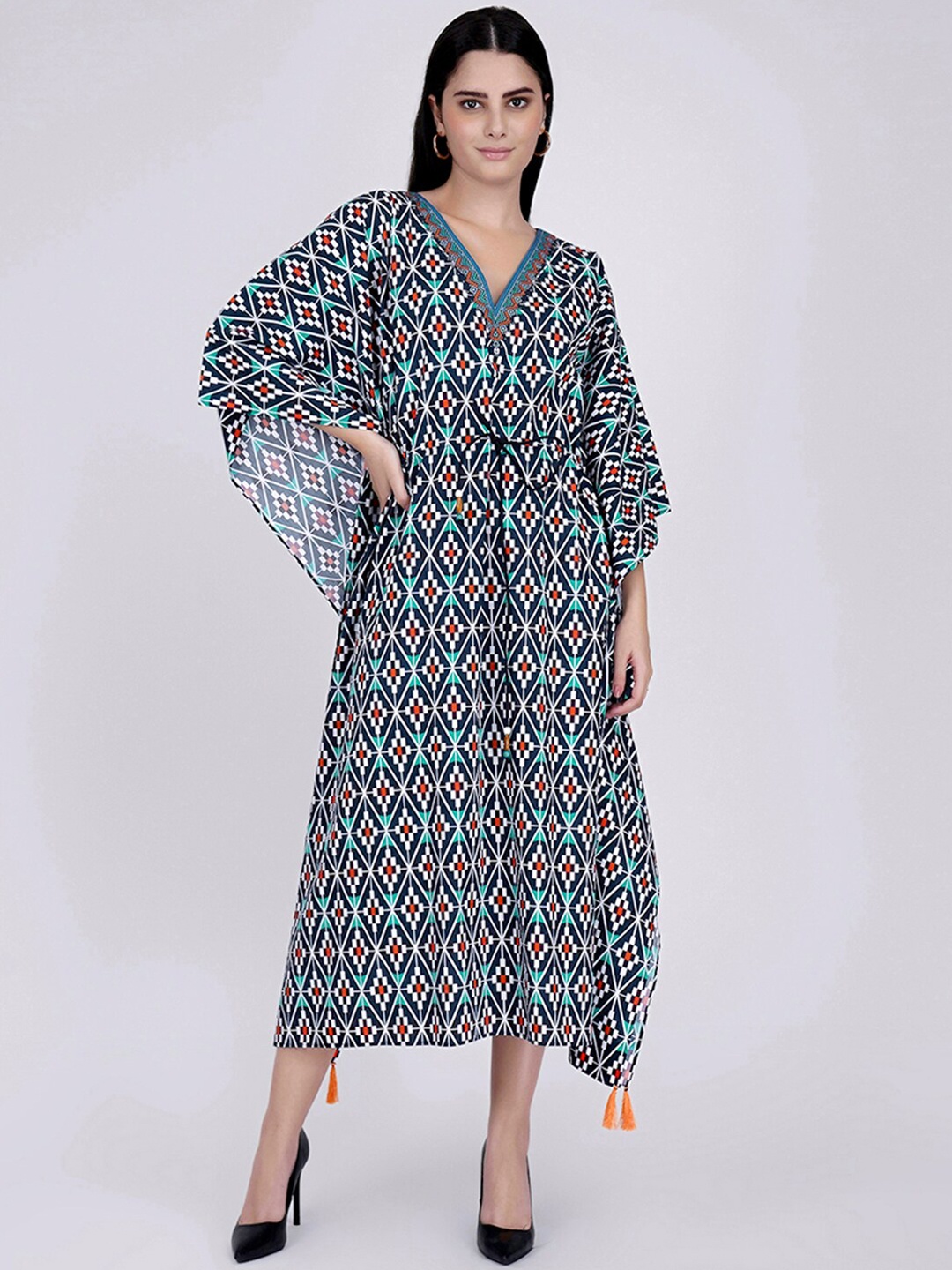 

First Resort by Ramola Bachchan Geometric Printed Cotton Kaftan Midi Dress, Navy blue