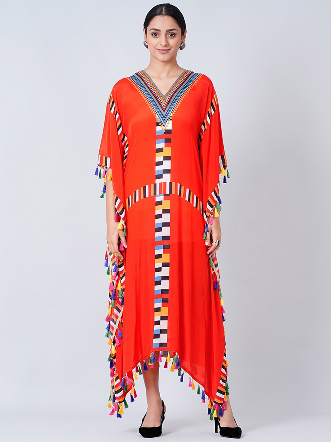 

First Resort by Ramola Bachchan Geometric Printed Crepe Kaftan Midi Dress, Red