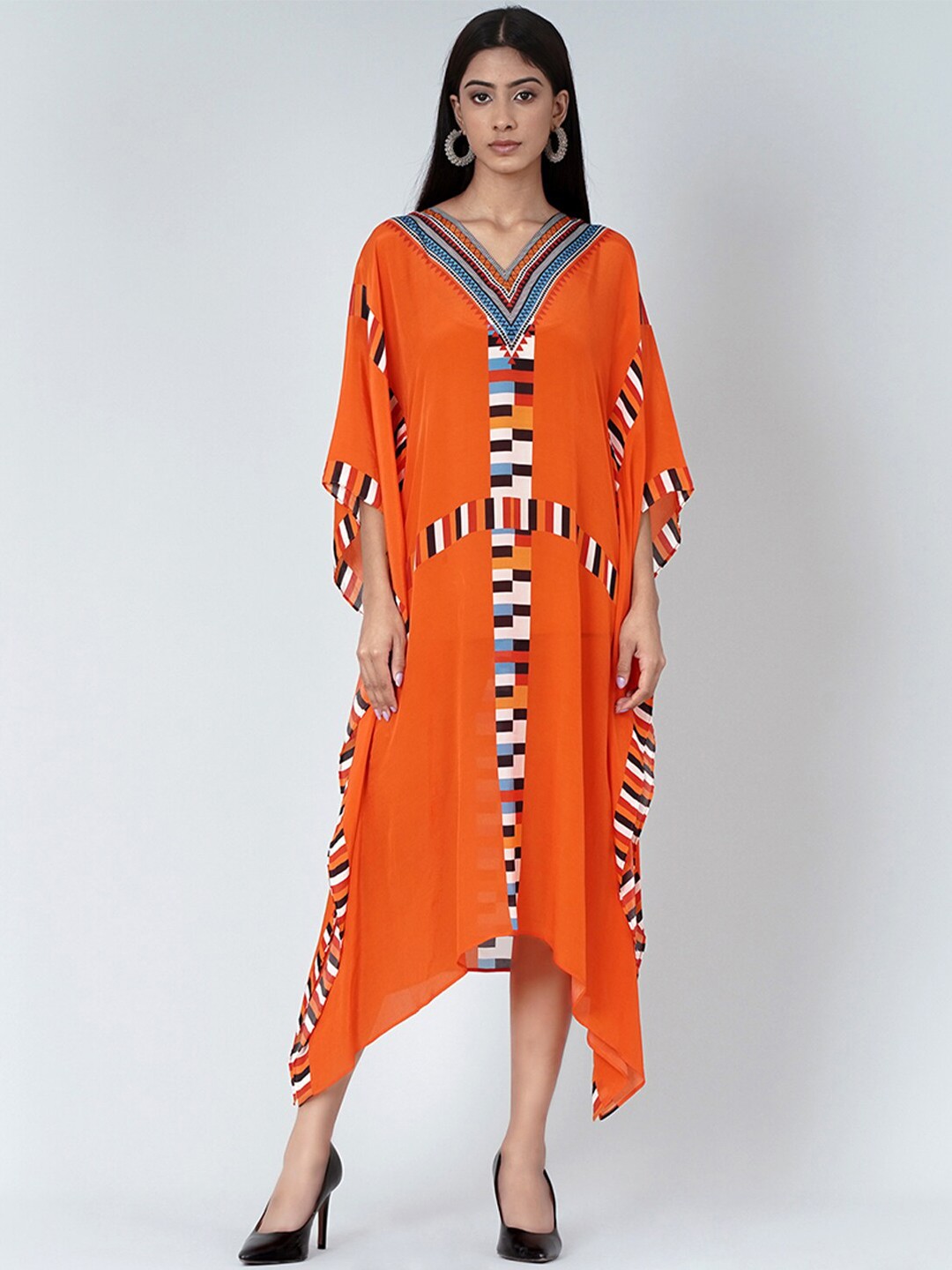 

First Resort by Ramola Bachchan Geometric Printed Crepe Kaftan Midi Dress, Orange