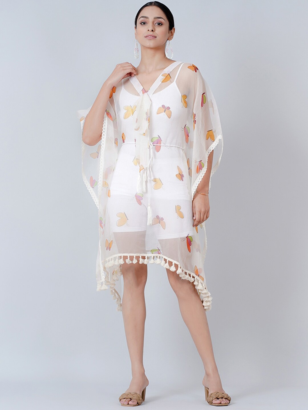 

First Resort by Ramola Bachchan Butterfly Printed Kaftan Dress With Belt, White
