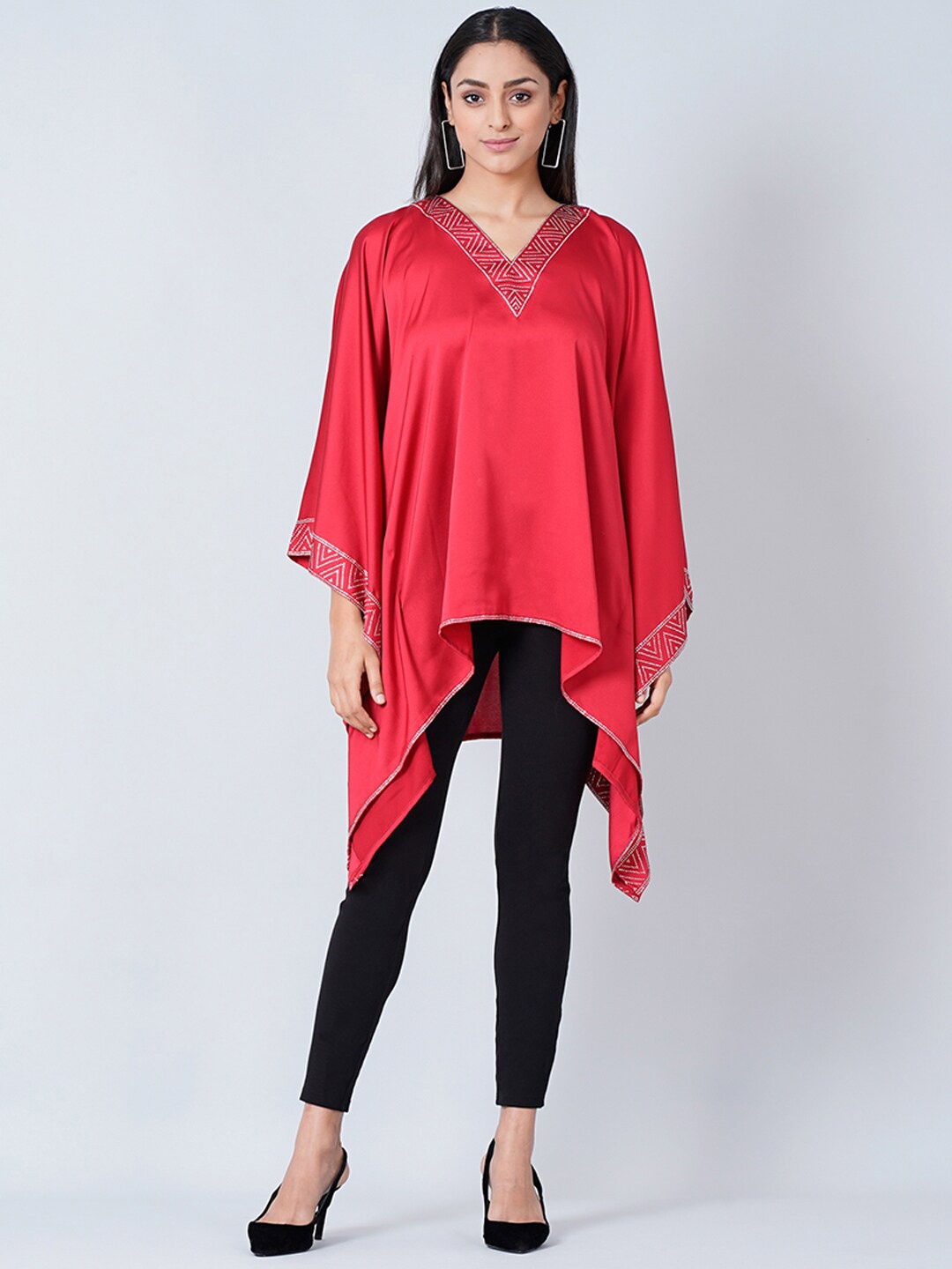 

First Resort by Ramola Bachchan Embellished Satin Kaftan Top, Red