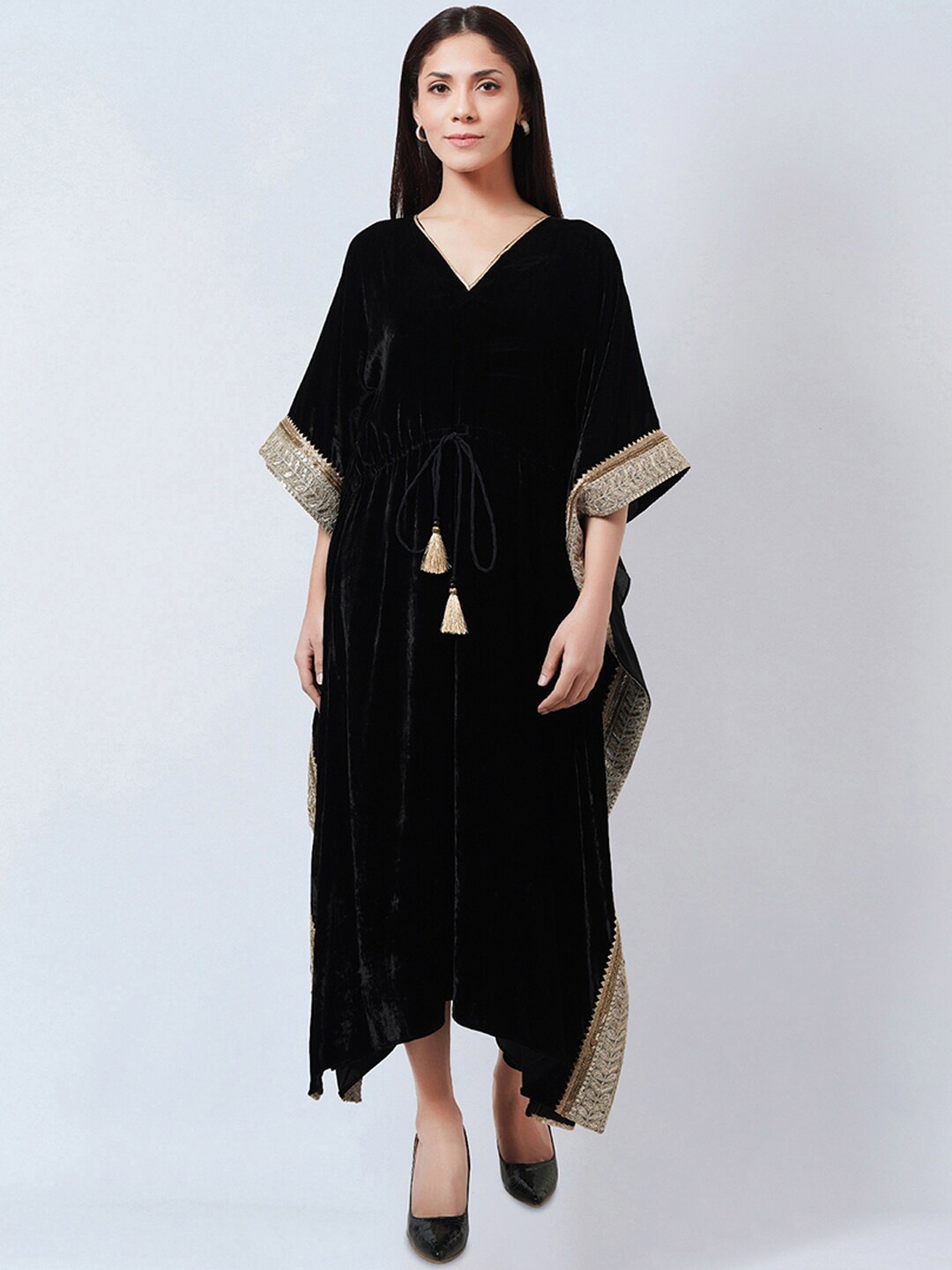 

First Resort by Ramola Bachchan V-Neck Tie Up Velvet Maxi Kaftan Dress, Black