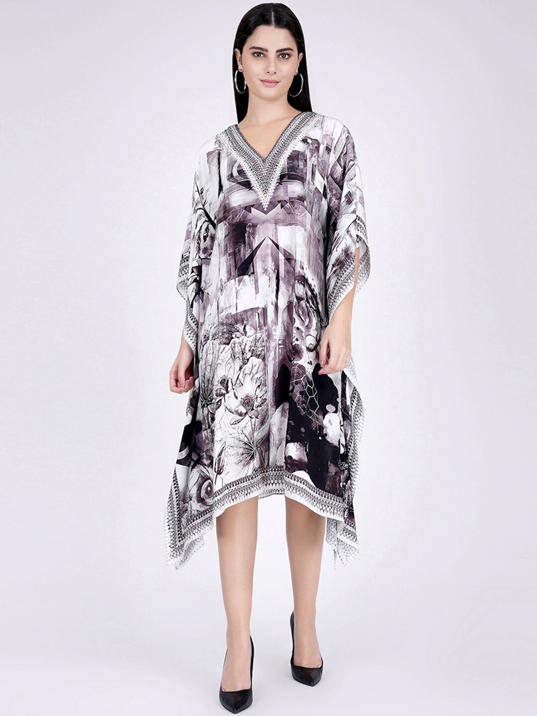 

First Resort by Ramola Bachchan Floral Printed Crepe Midi Kaftan Dress, Black