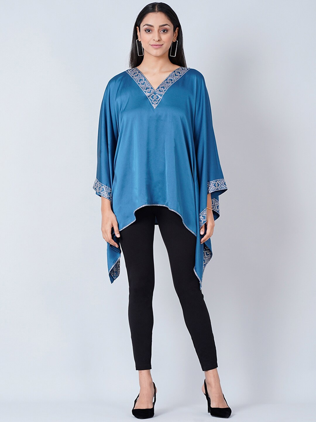 

First Resort by Ramola Bachchan V-Neck Satin Kaftan Top, Blue