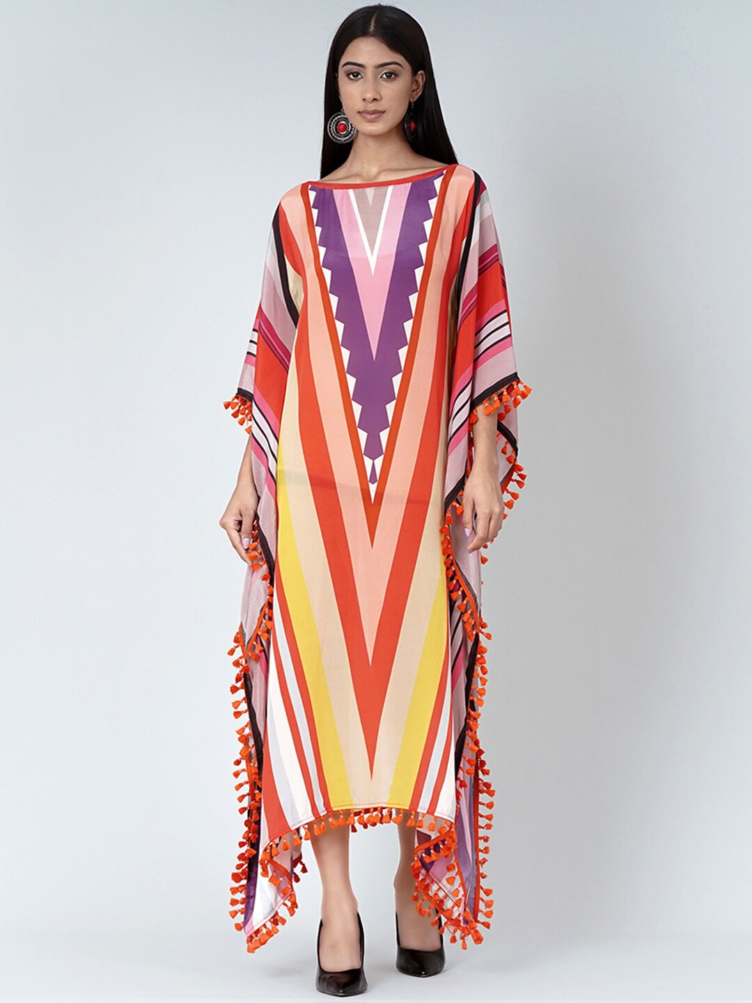 

First Resort by Ramola Bachchan Geometric Printed Boat Neck Kaftan Maxi Dress, Orange