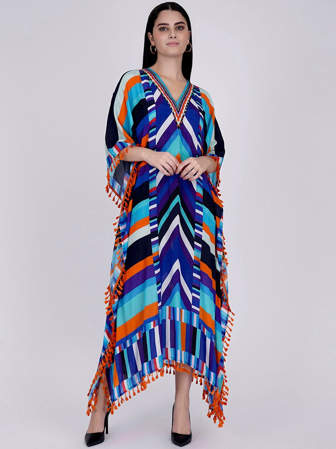 

First Resort by Ramola Bachchan Striped Printed Crepe Kaftan Maxi Dress, Blue