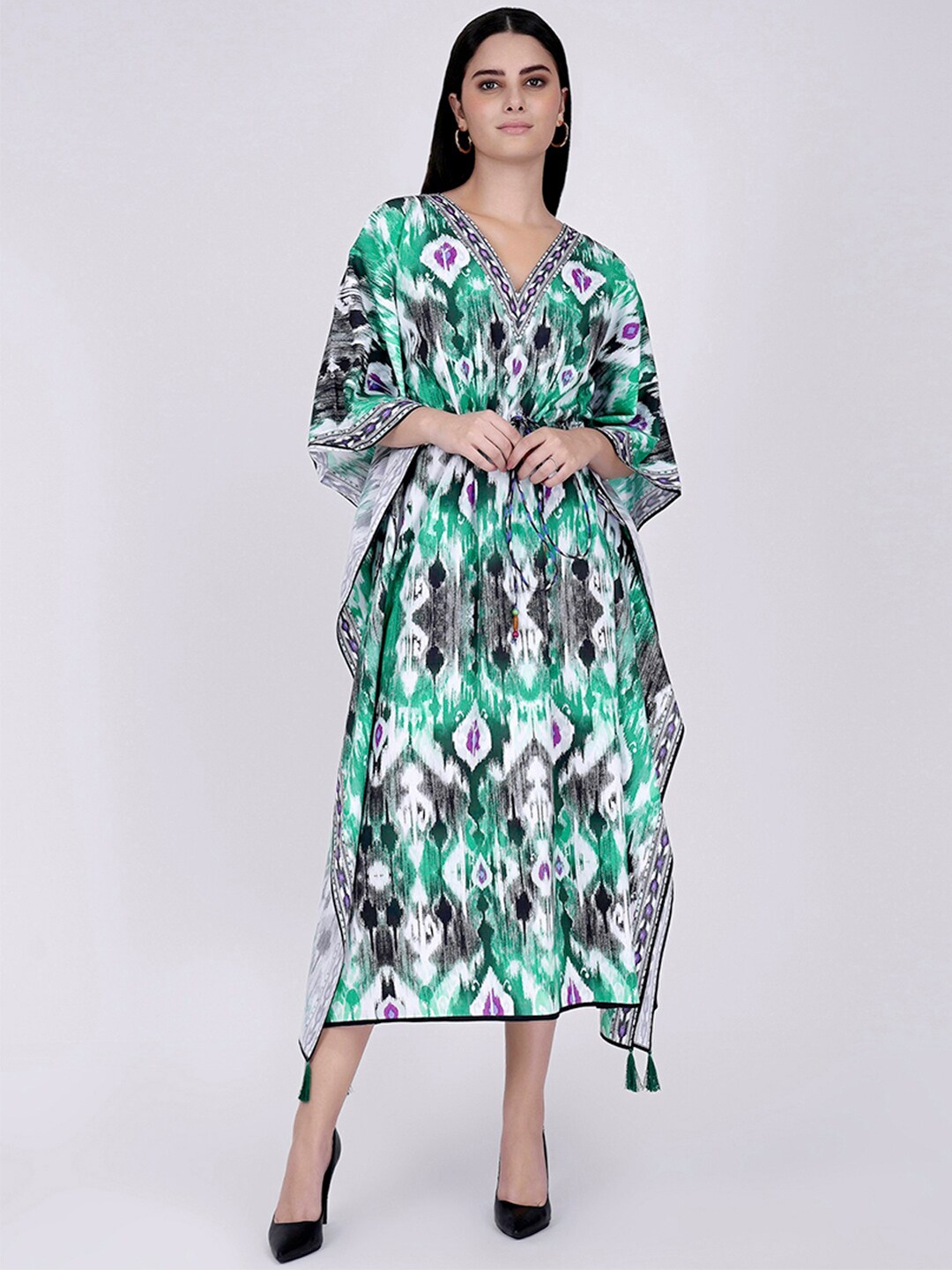 

First Resort by Ramola Bachchan Printed Kimono Sleeve Kaftan Midi Dress, Green