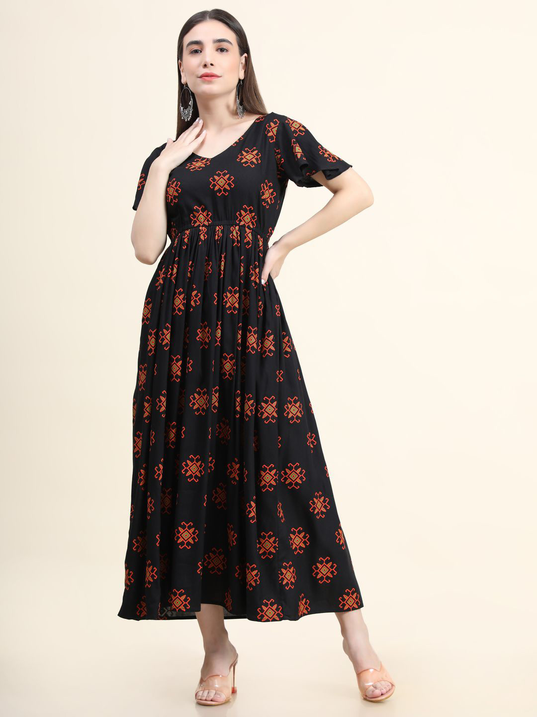 

DAEVISH Floral Print Bell Sleeve Maxi Dress, Black