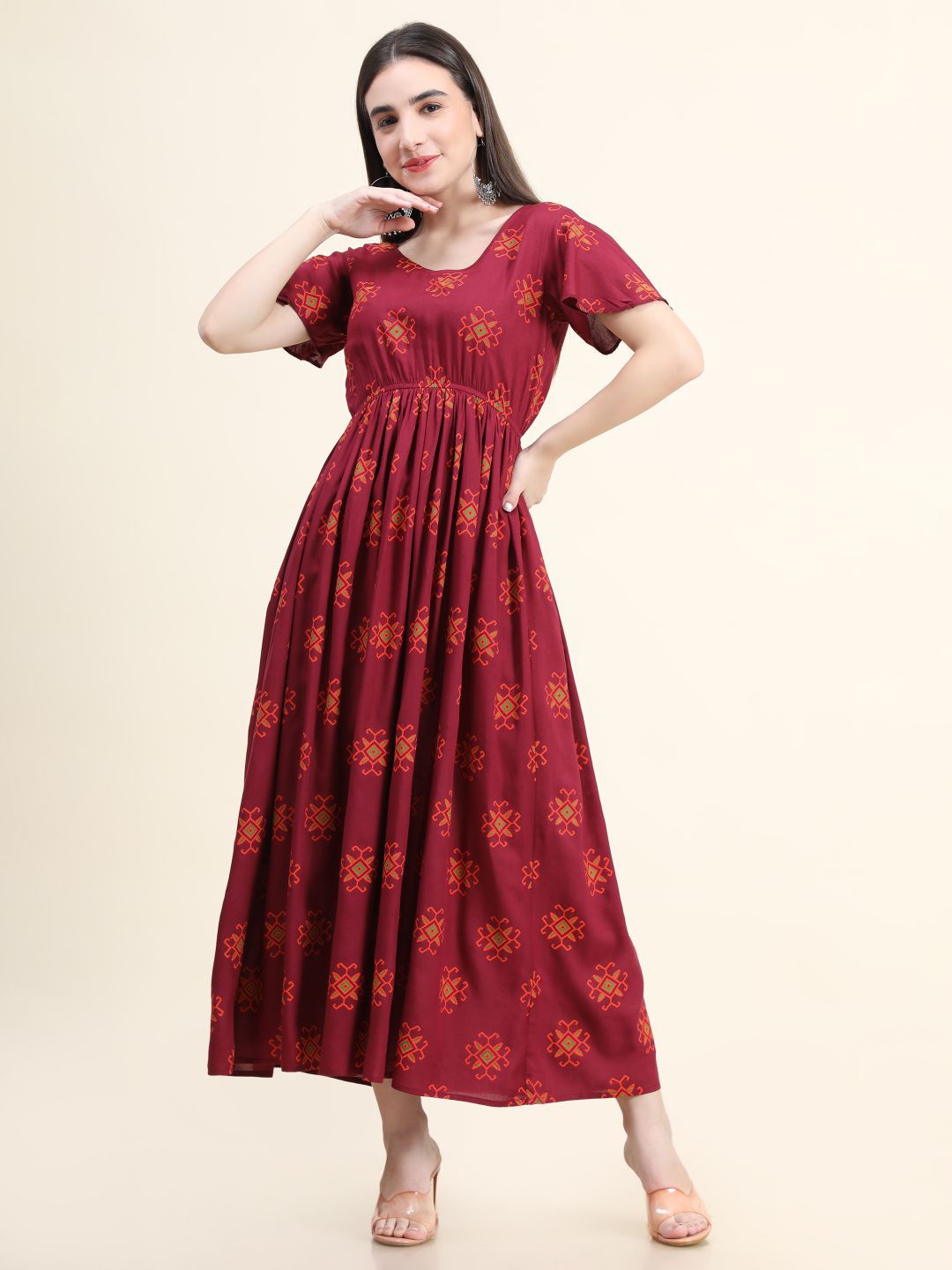 

DAEVISH Ethnic Motifs Print Maxi Dress, Maroon