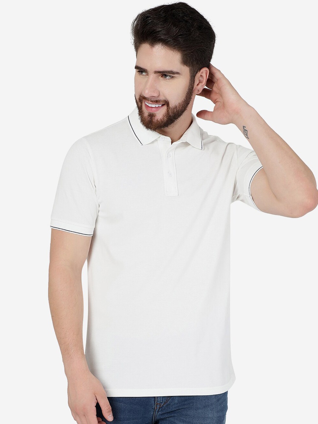 

JADE BLUE Polo Collar Pure Cotton Slim Fit T-Shirt, White