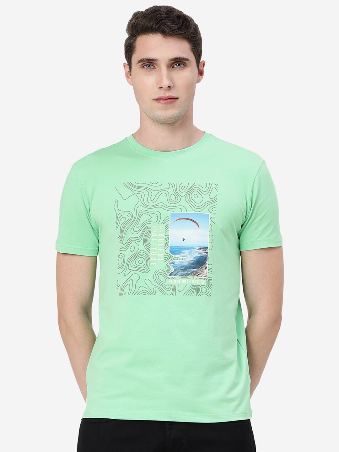 

JADE BLUE Graphic Printed Slim Fit Pure Cotton T-shirt, Green