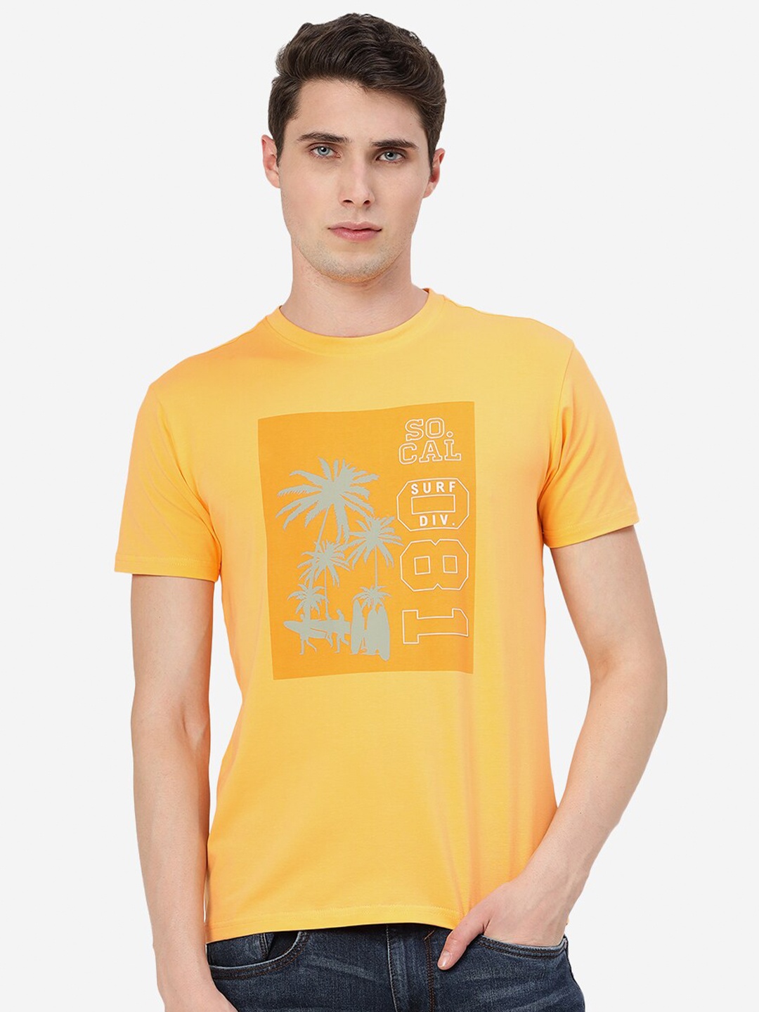 

JADE BLUE Typography Printed Round Neck Pure Cotton Slim Fit T-shirt, Orange