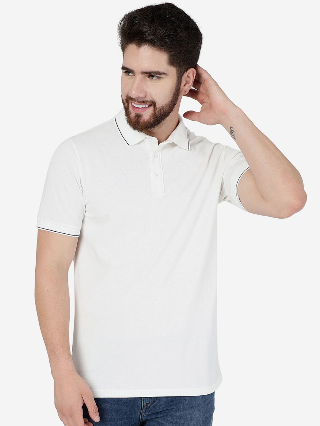 

JADE BLUE Polo Collar Pure Cotton Slim Fit T-shirt, White