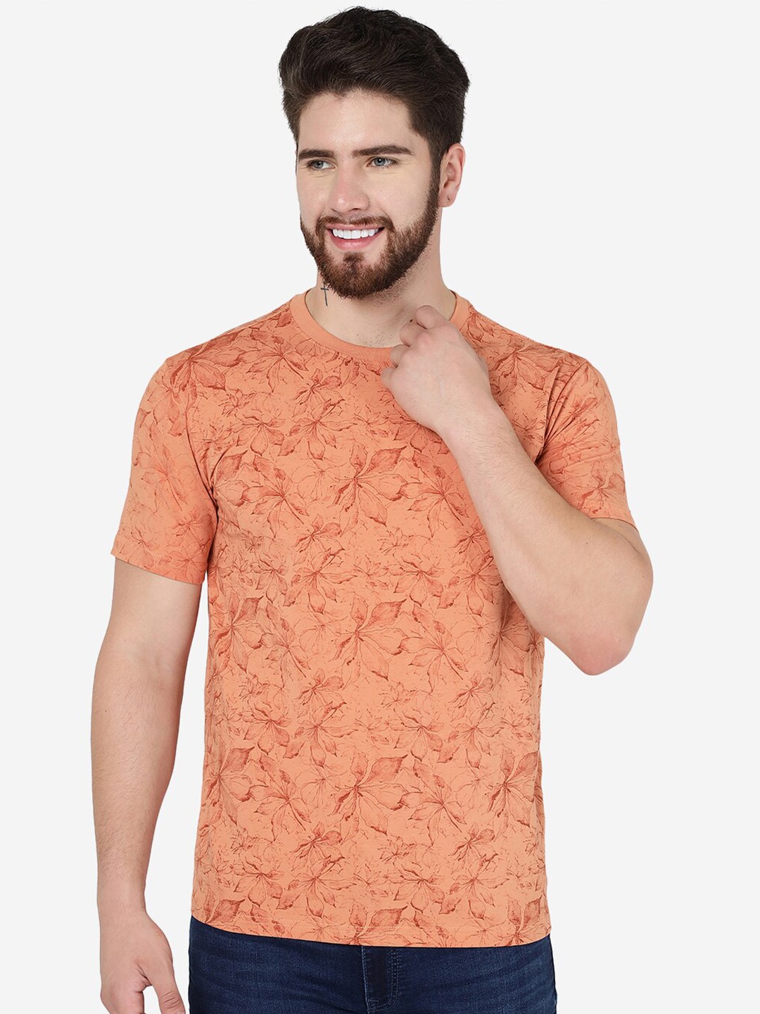 

JADE BLUE Floral Printed Pockets Slim Fit Pure Cotton T-shirt, Orange