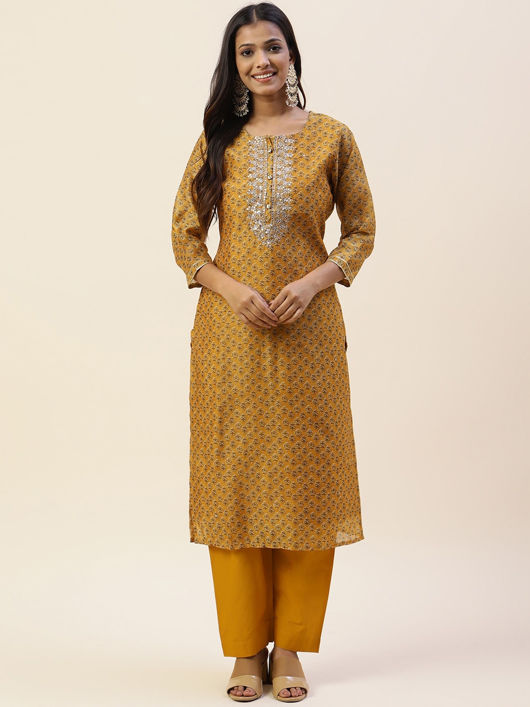 

Meena Bazaar Ethnic Motifs Printed Regular Sequinned Kurta with Trousers, Mustard