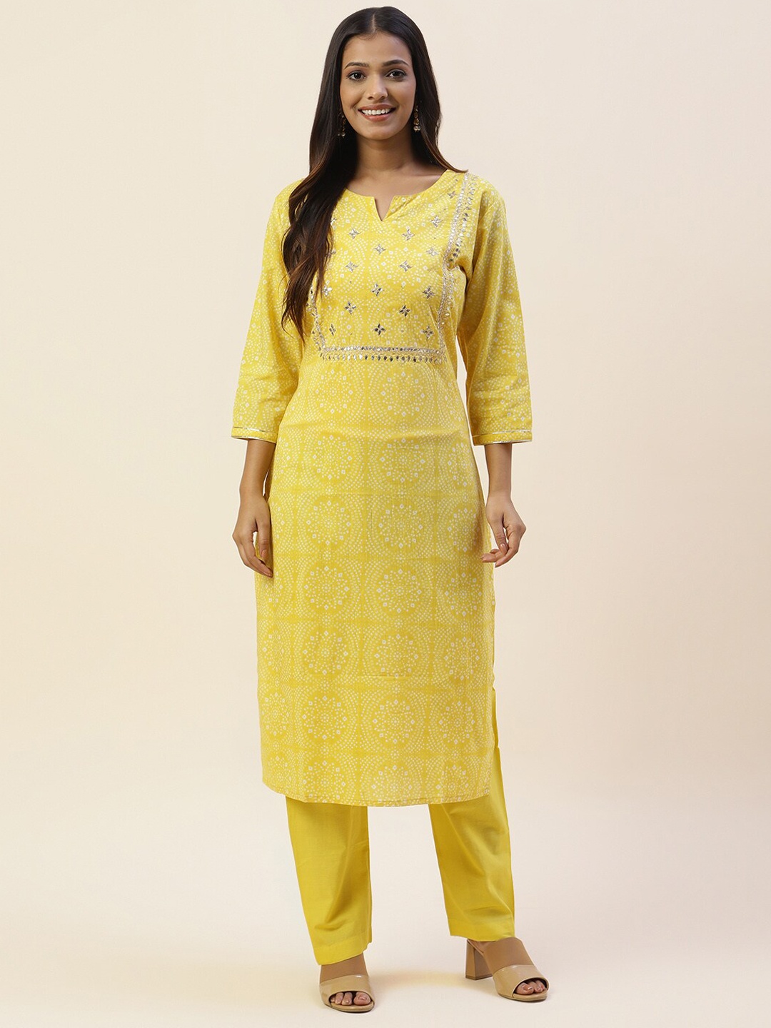 

Meena Bazaar Bandhani Printed Regular Gotta Patti Pure Cotton Kurta With Trousers, Yellow