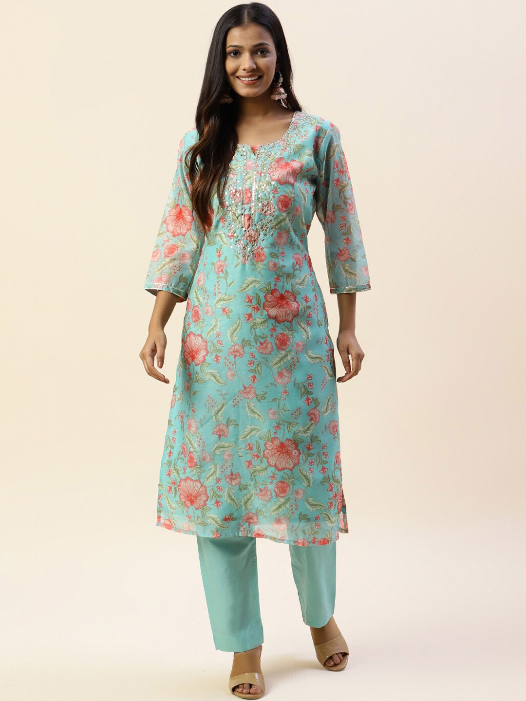 

Meena Bazaar Floral Printed Regular Kurta with Trousers, Sea green
