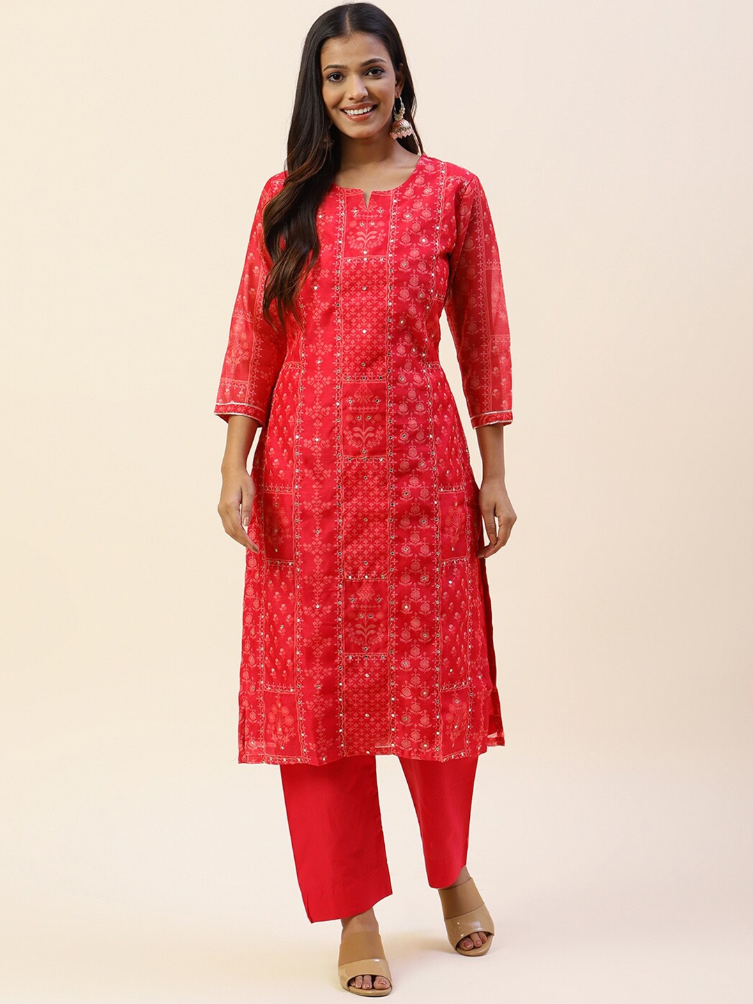 

Meena Bazaar Floral Printed Mirror Work Kurta With Trousers, Pink