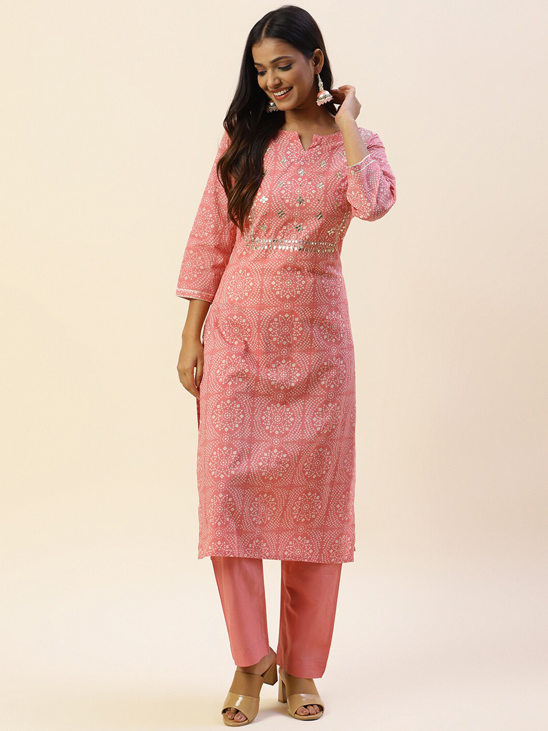 

Meena Bazaar Ethnic Motifs Printed Gotta Patti Pure Cotton Kurta with Trousers, Peach