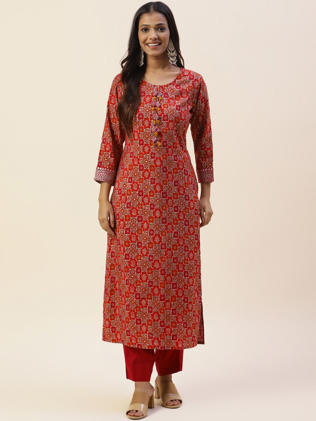 

Meena Bazaar Ethnic Motifs Printed Regular Kurta With Trousers, Red