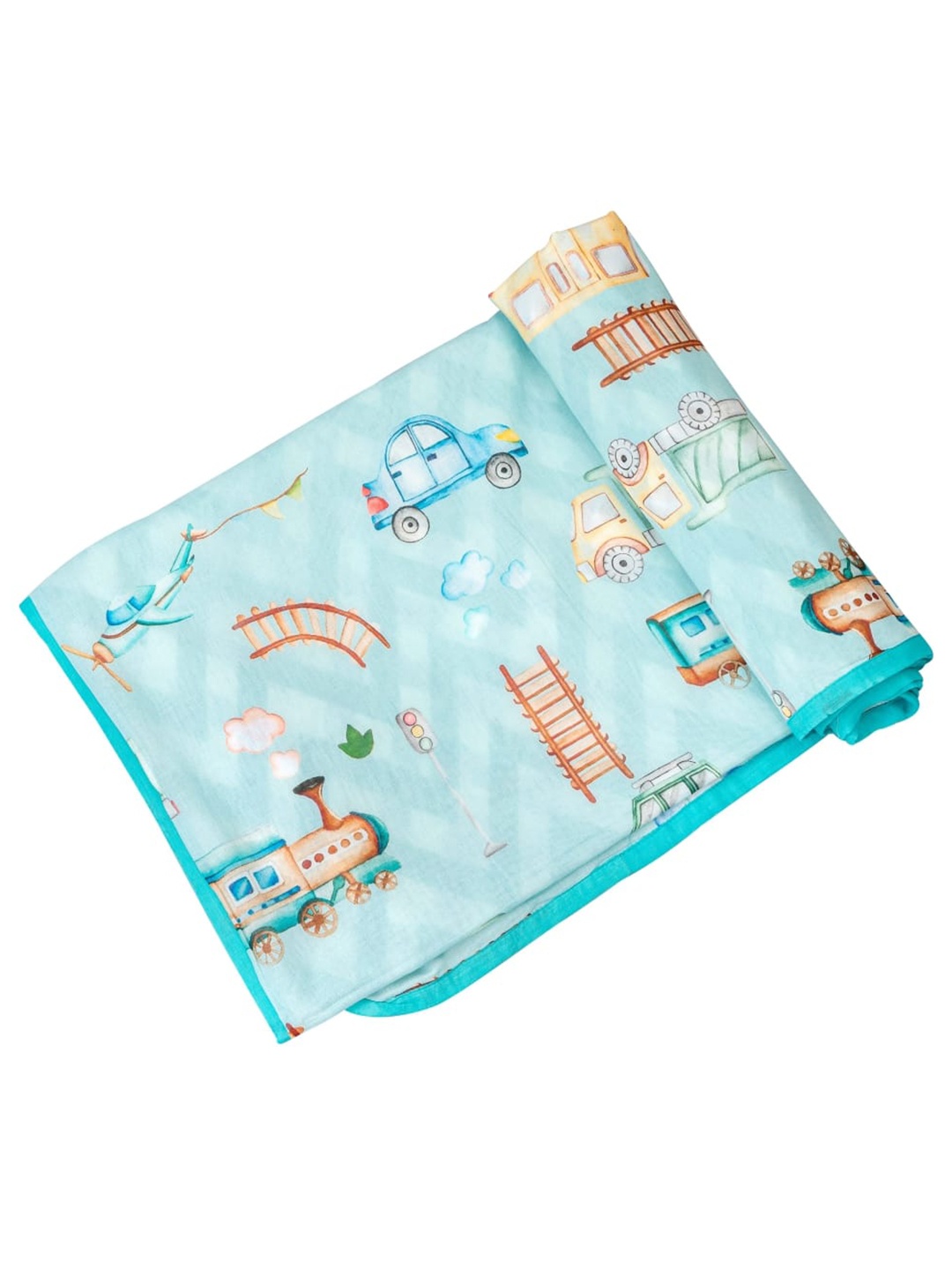 

THEONI Urban Wheels Kids Turquoise Blue AC Room 150 GSM Organic Cotton Single Bed Blanket
