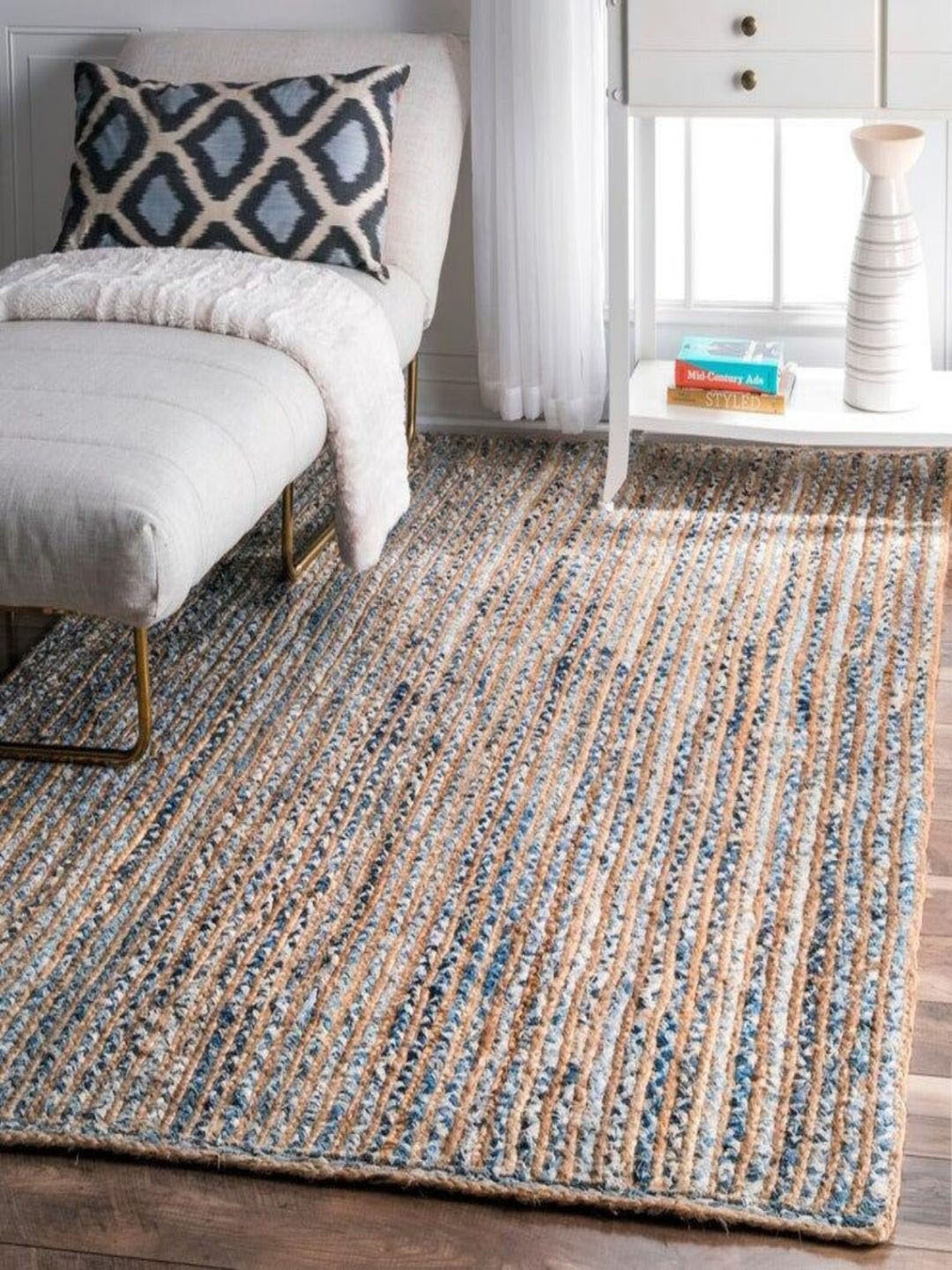 

THE HANDMADE FLAIR Beige & Blue Self-Design Floor Carpet, Peach