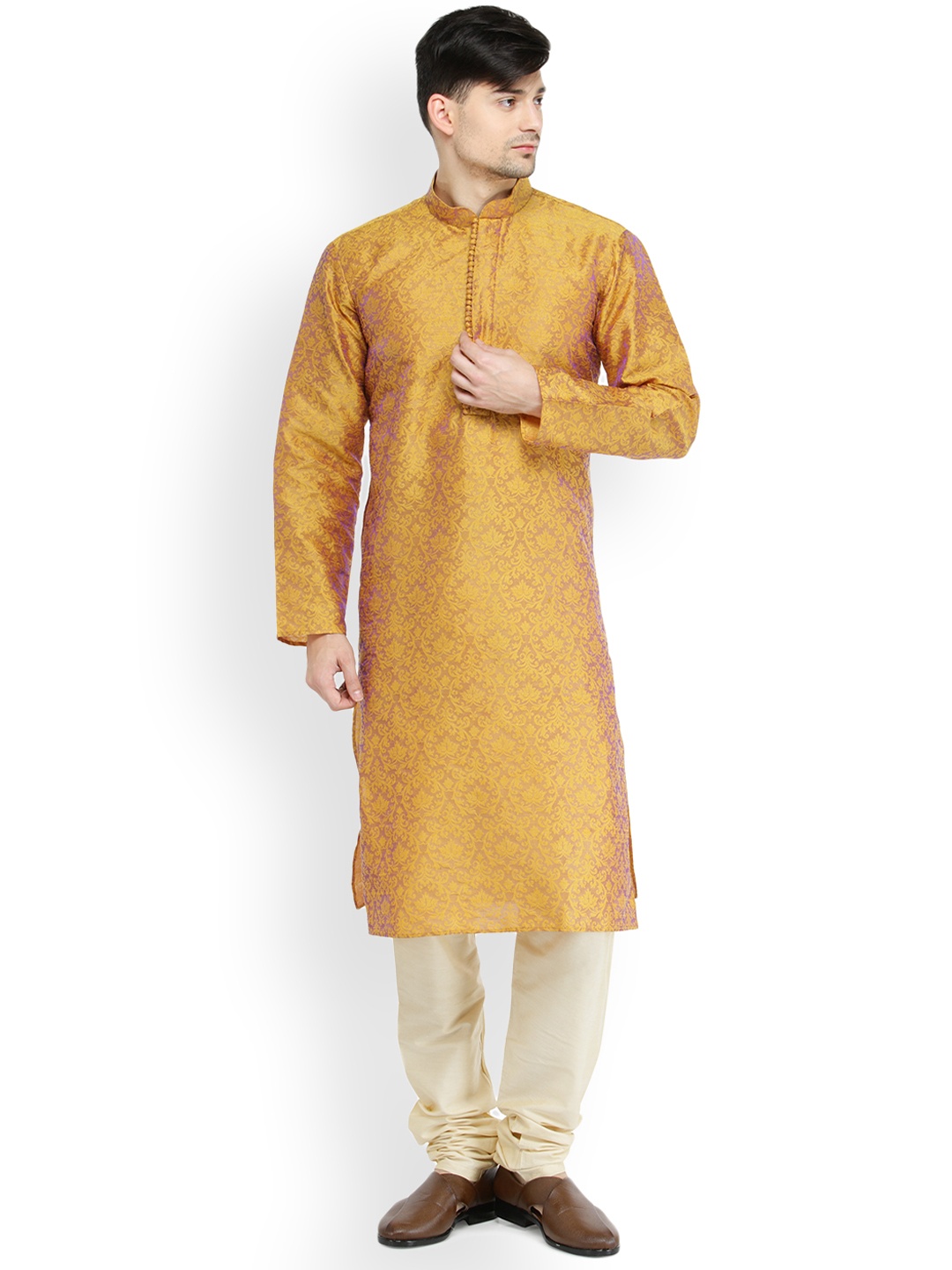 

Chitwan Mohan Men Mustard Yellow & Cream Self Design Kurta with Churidar