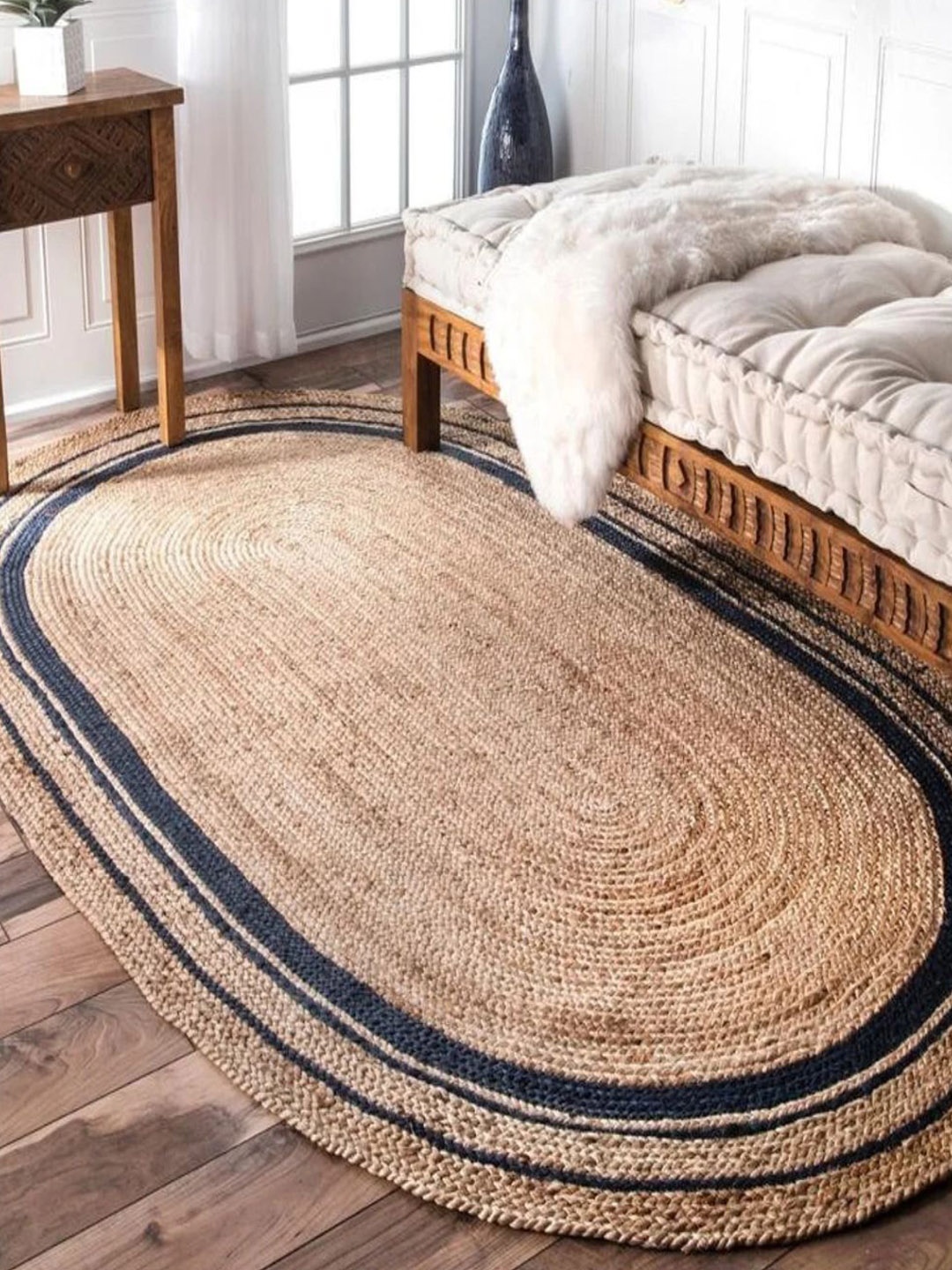 

THE HANDMADE FLAIR Beige & Blue Self-Designed Jute Carpet
