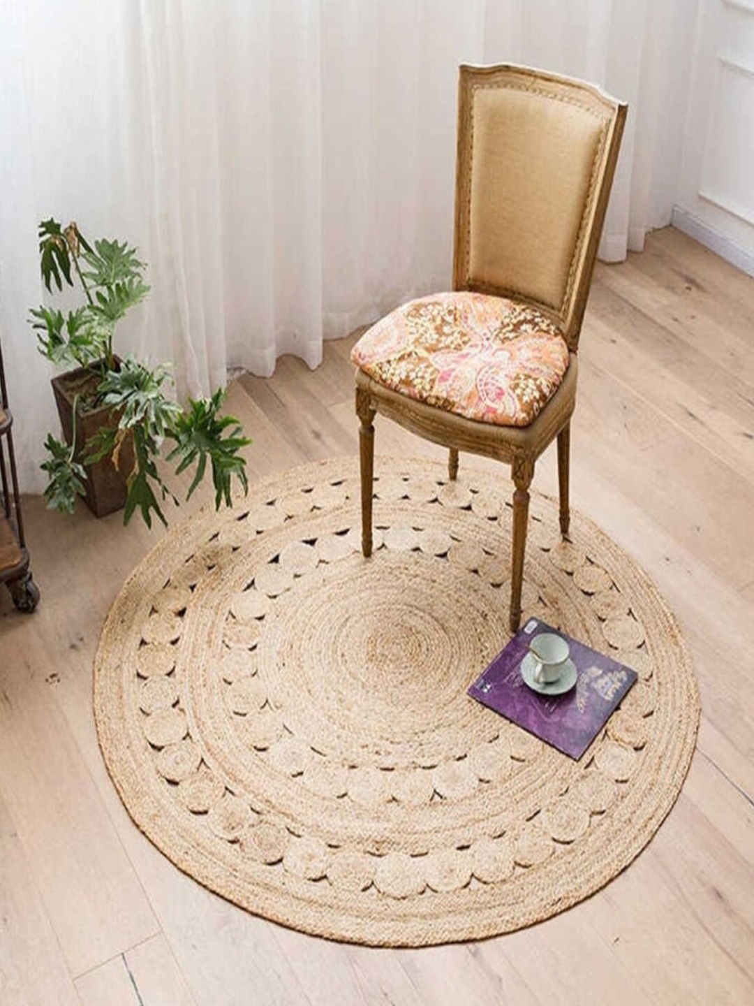 

THE HANDMADE FLAIR Beige Self-Designed Jute Carpet