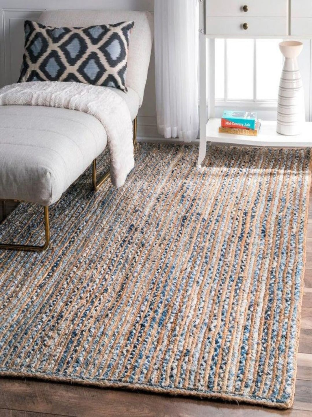 

THE HANDMADE FLAIR Beige & Blue Self-Design Floor Carpet