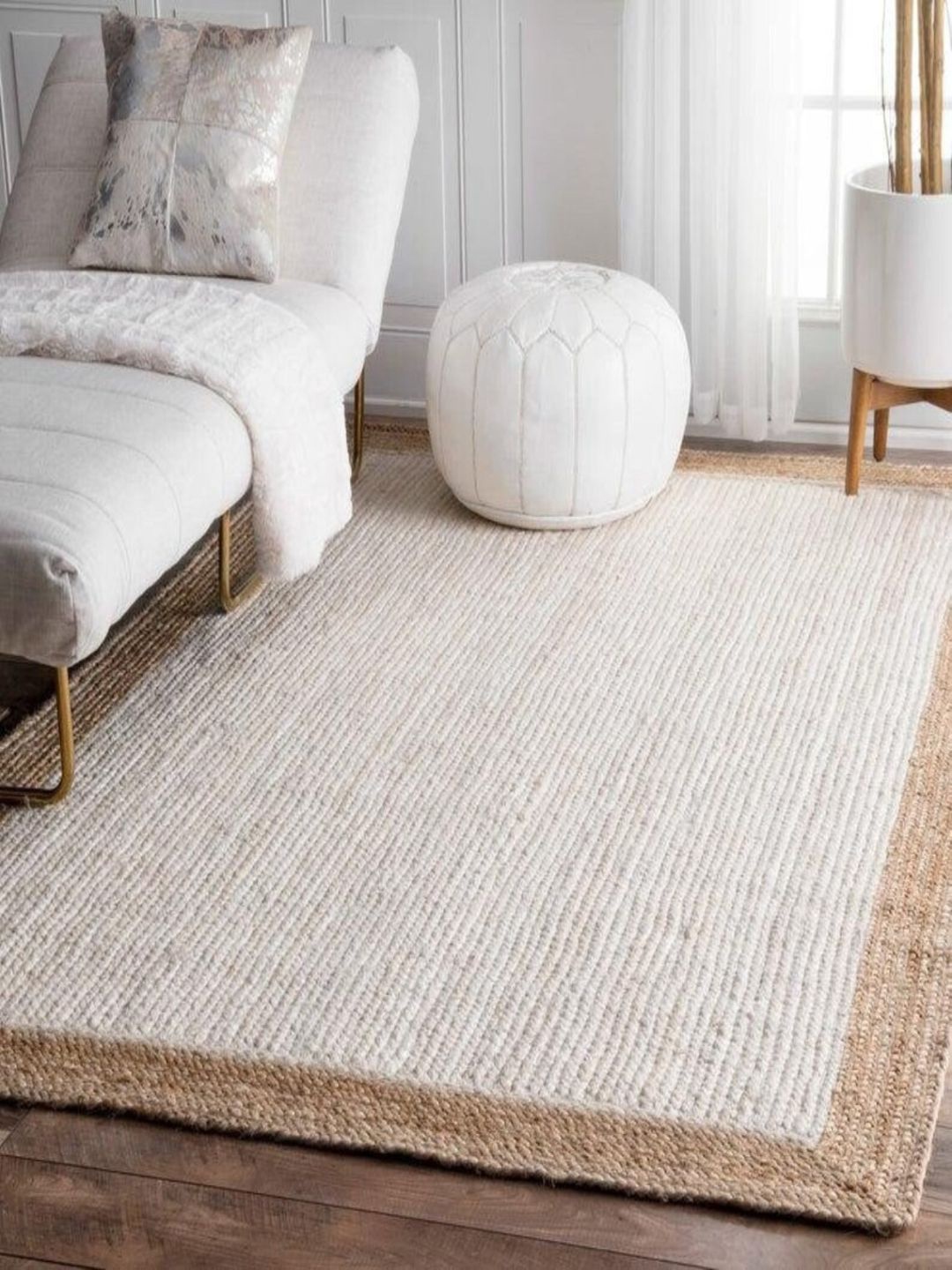 

THE HANDMADE FLAIR White & Beige Self-Designed Jute Carpet