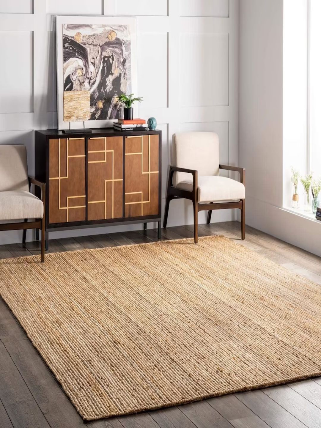 

THE HANDMADE FLAIR Beige Self-Design Floor Carpet