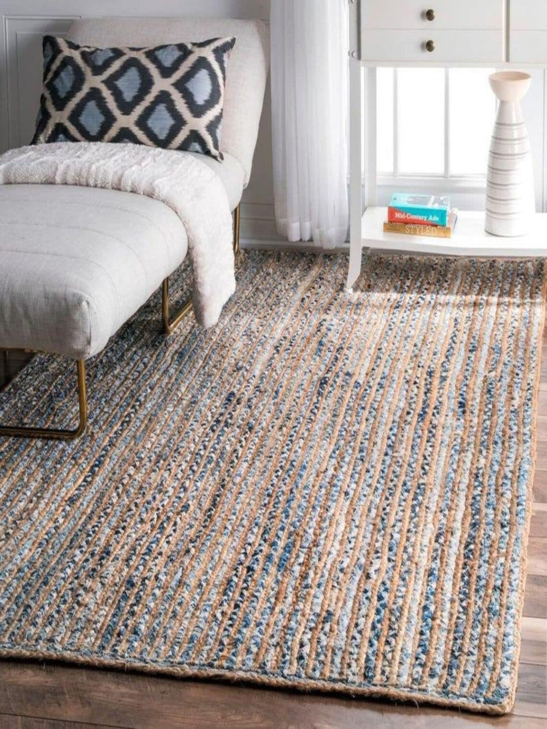 

THE HANDMADE FLAIR Beige & Blue Self Design Floor Carpet