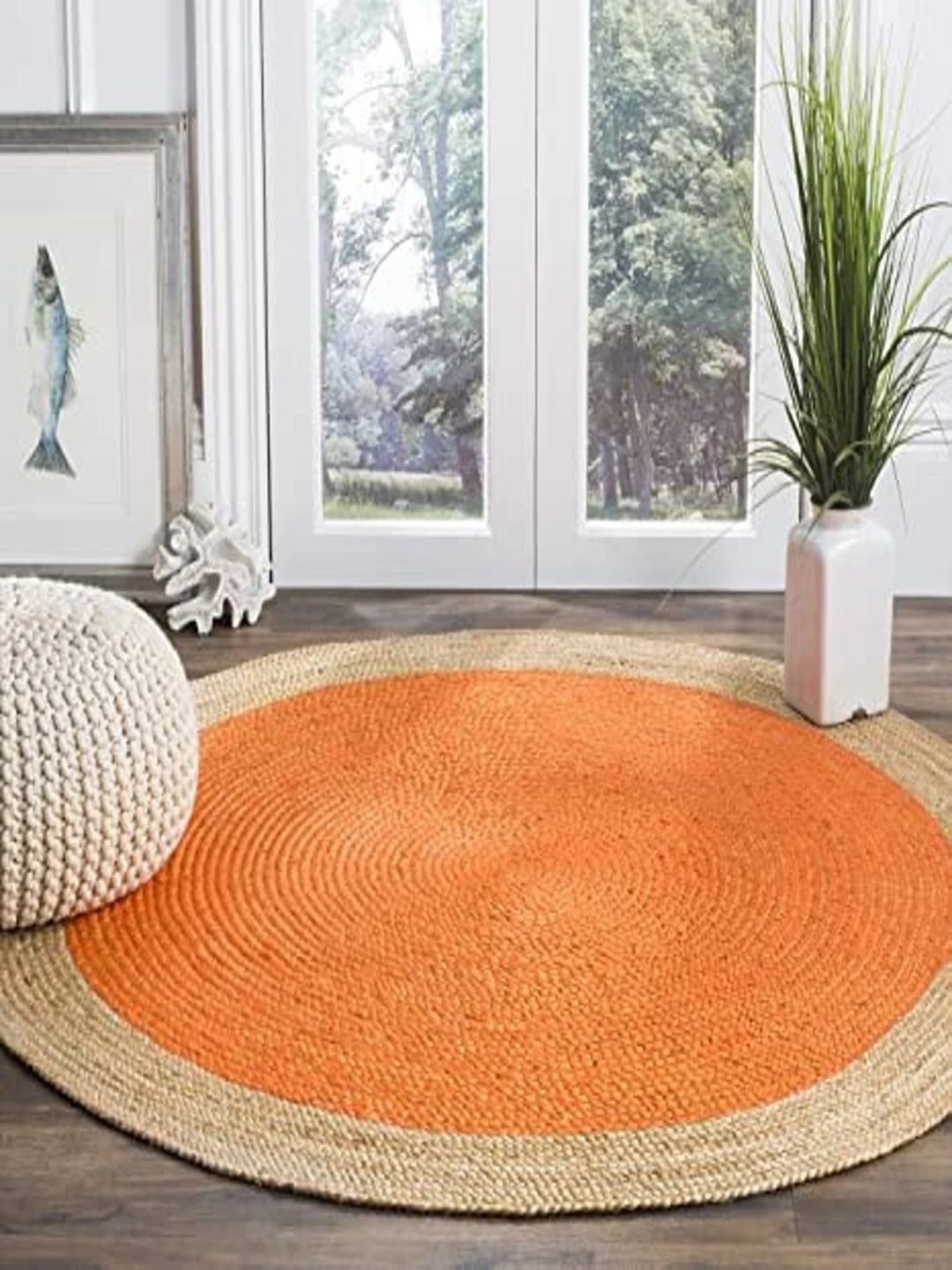 

THE HANDMADE FLAIR Orange & Beige Self-Design Jute Floor Carpet