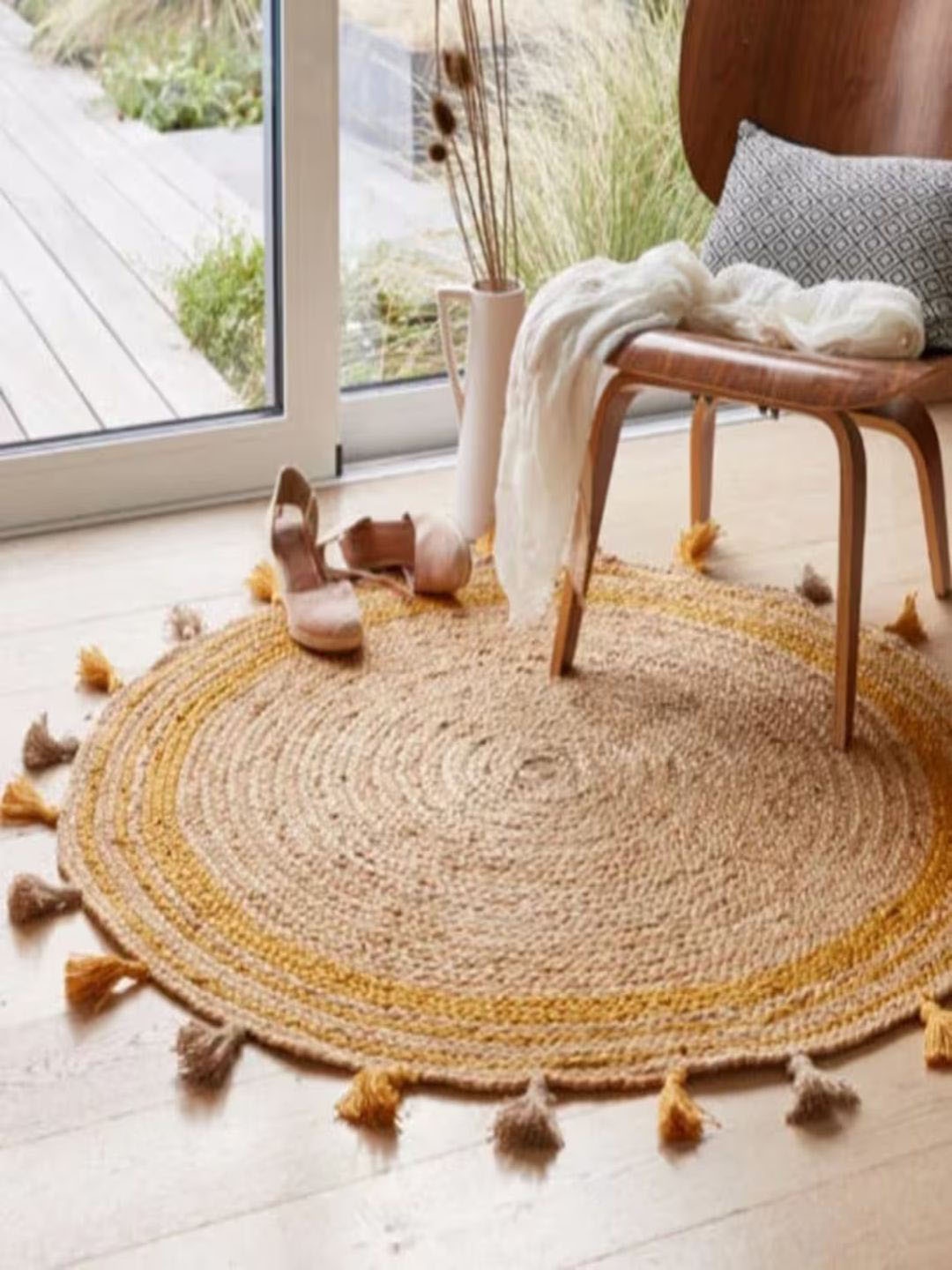 

THE HANDMADE FLAIR Beige & Yellow Self-Design Floor Carpet