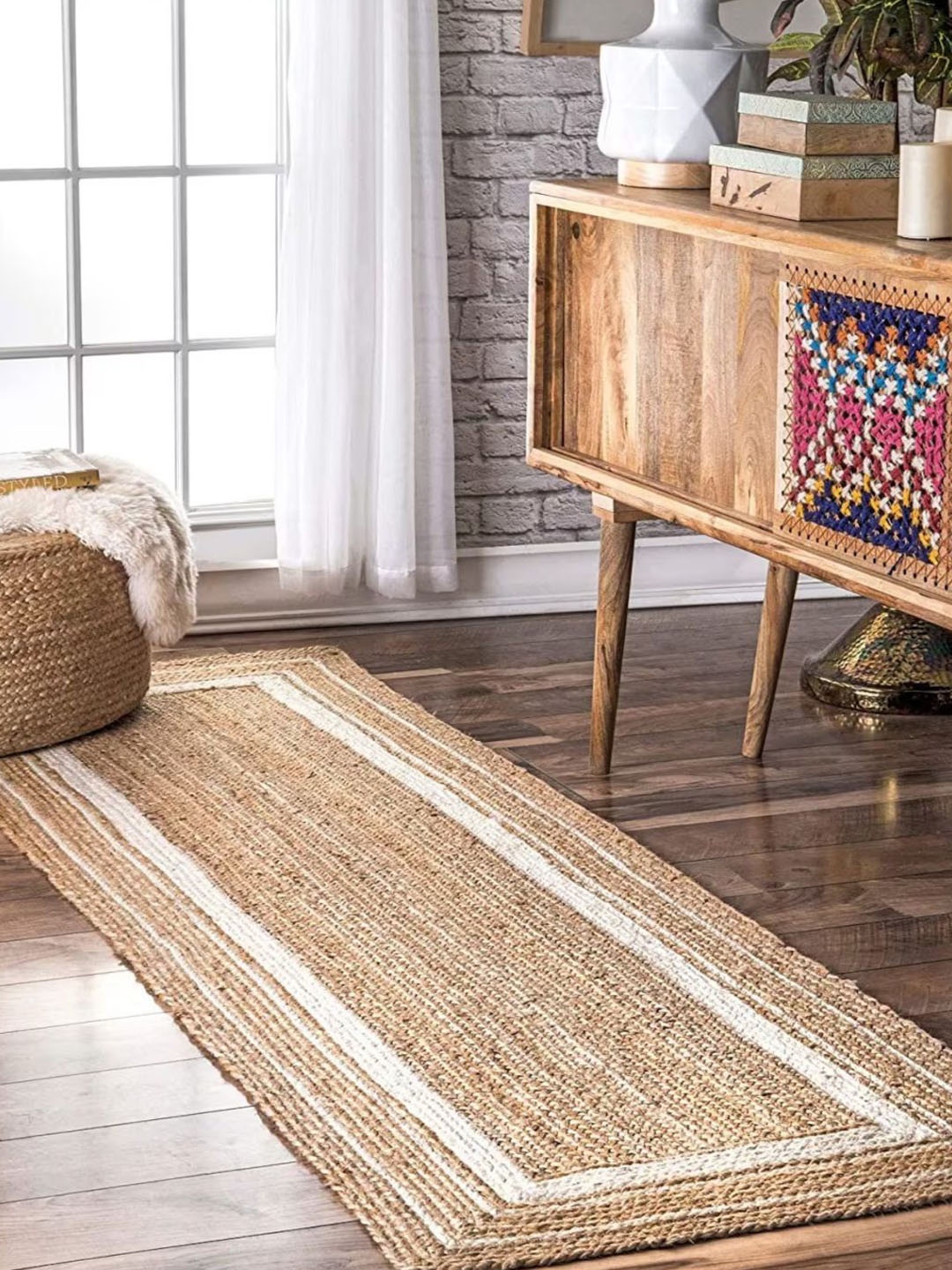 

THE HANDMADE FLAIR Beige & White Self-Design Jute Floor Carpet
