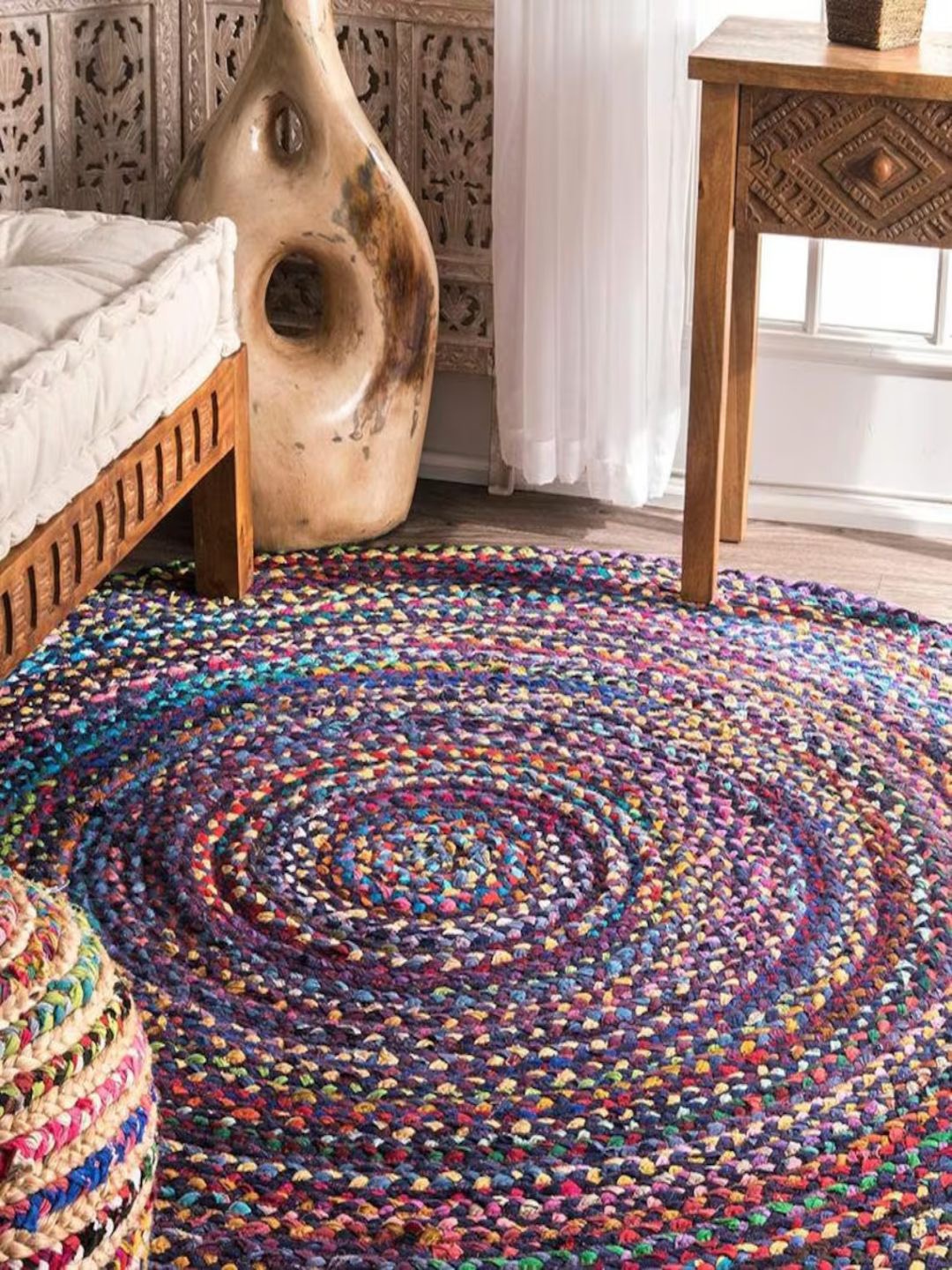 

THE HANDMADE FLAIR Blue & Pink Self-Design Jute Floor Carpet