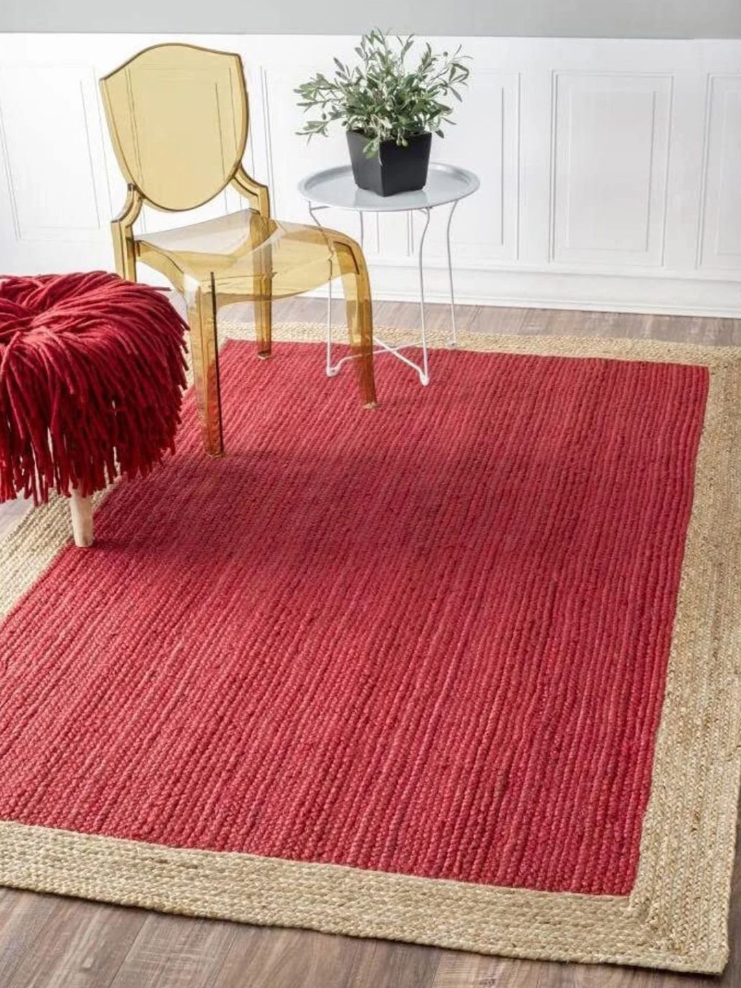 

THE HANDMADE FLAIR Red & Beige Self-Design Floor Carpet