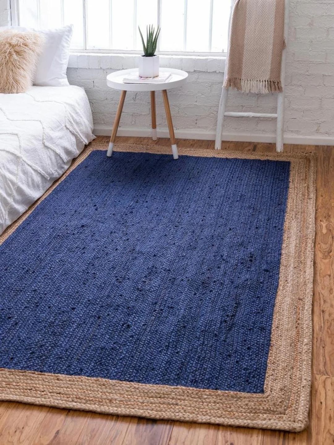 

THE HANDMADE FLAIR Blue & Beige Self-Design Jute Floor Carpet