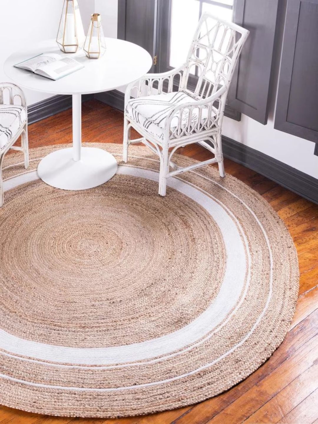 

THE HANDMADE FLAIR Beige & White Self-Design Floor Carpet
