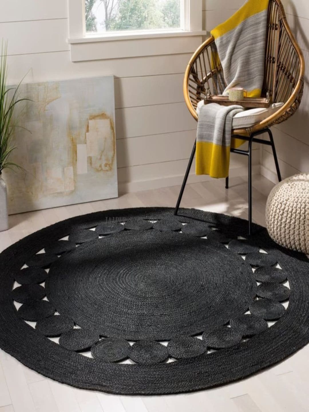 

THE HANDMADE FLAIR Black Self-Design Jute Floor Carpet