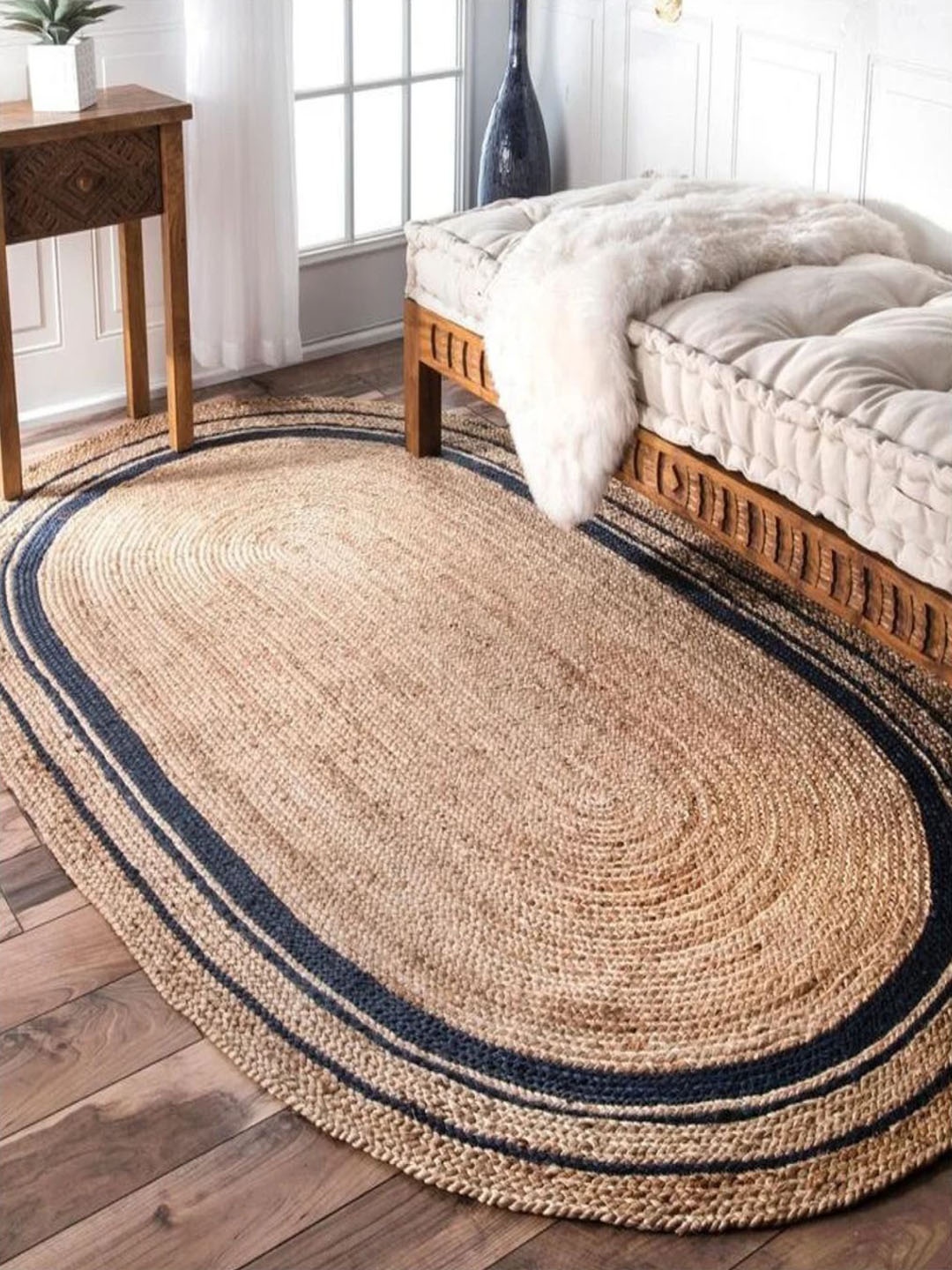 

THE HANDMADE FLAIR Beige & Black Self-Design Jute Floor Carpet